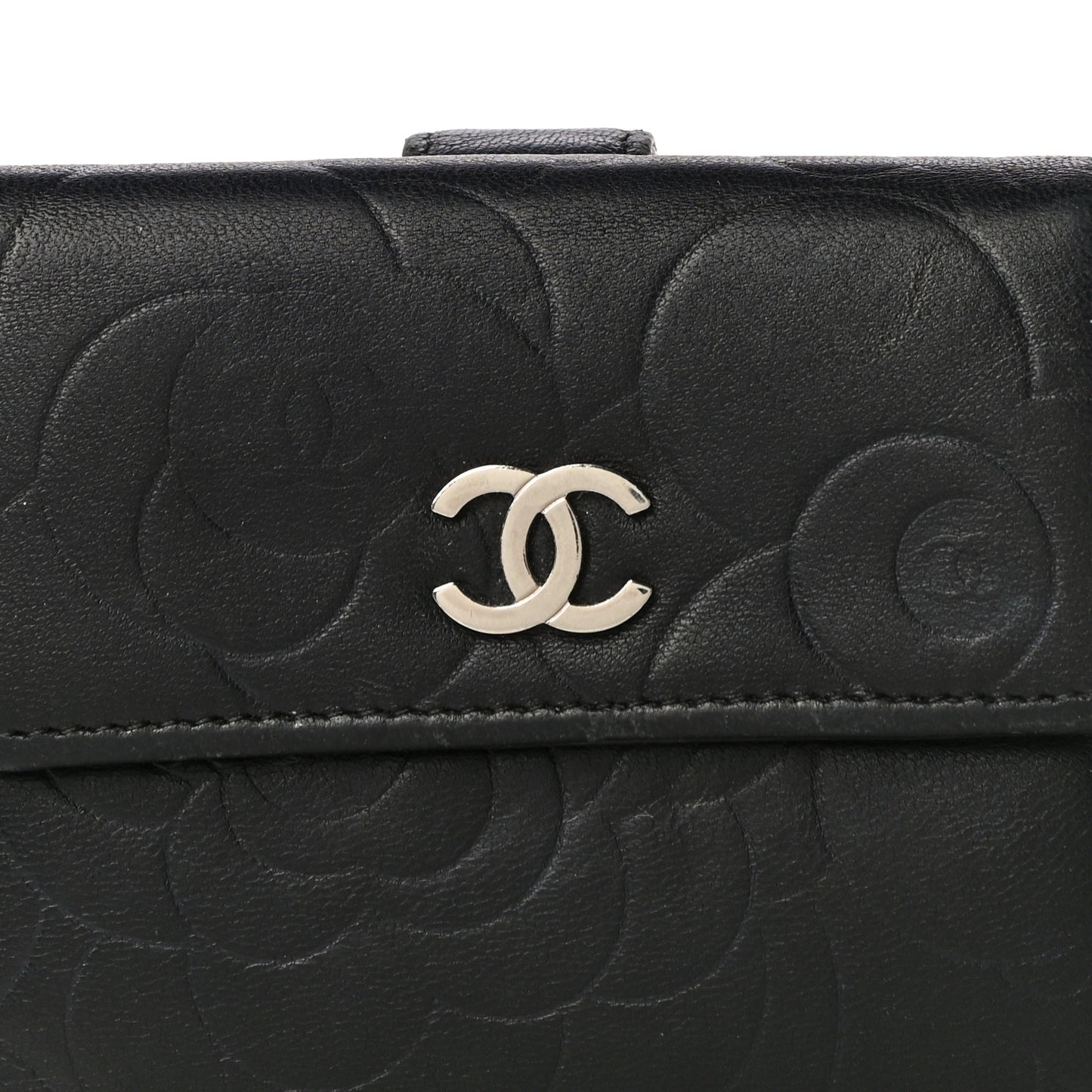 Lambskin Embossed Camellia French Wallet Black
