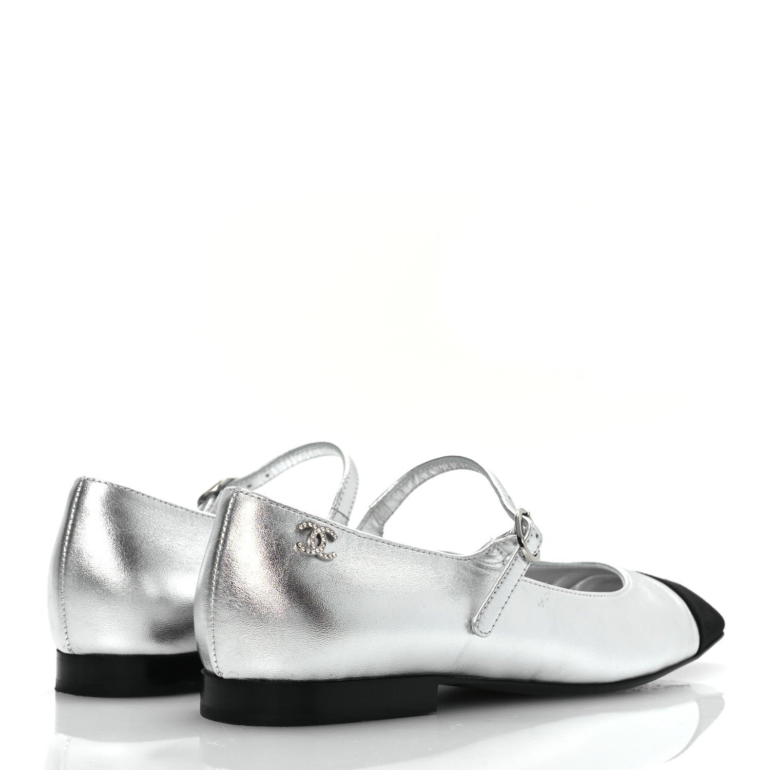 Chanel Laminated Calfskin Grosgrain Mary Janes Flats 36.5 Silver Black 5 of 11