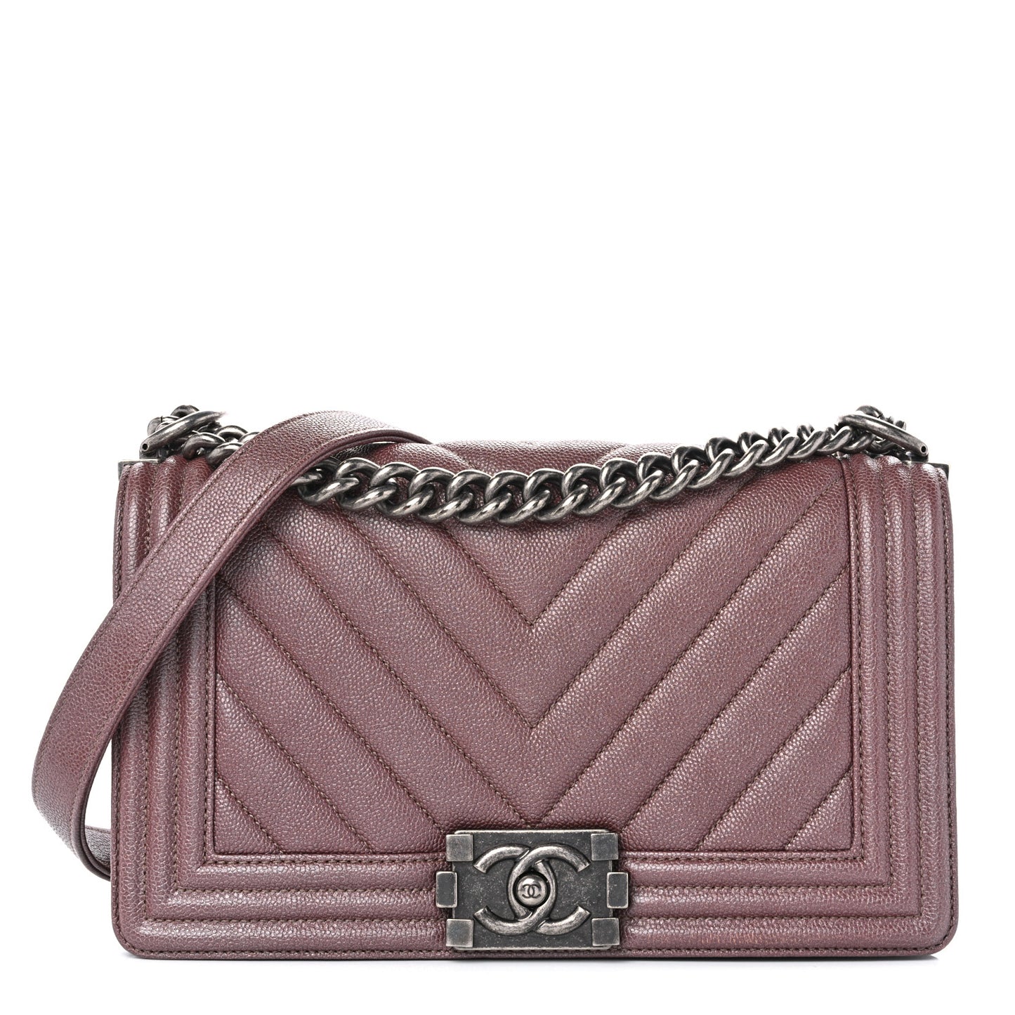 Metallic Caviar Chevron Quilted Medium Boy Flap Dark Pink