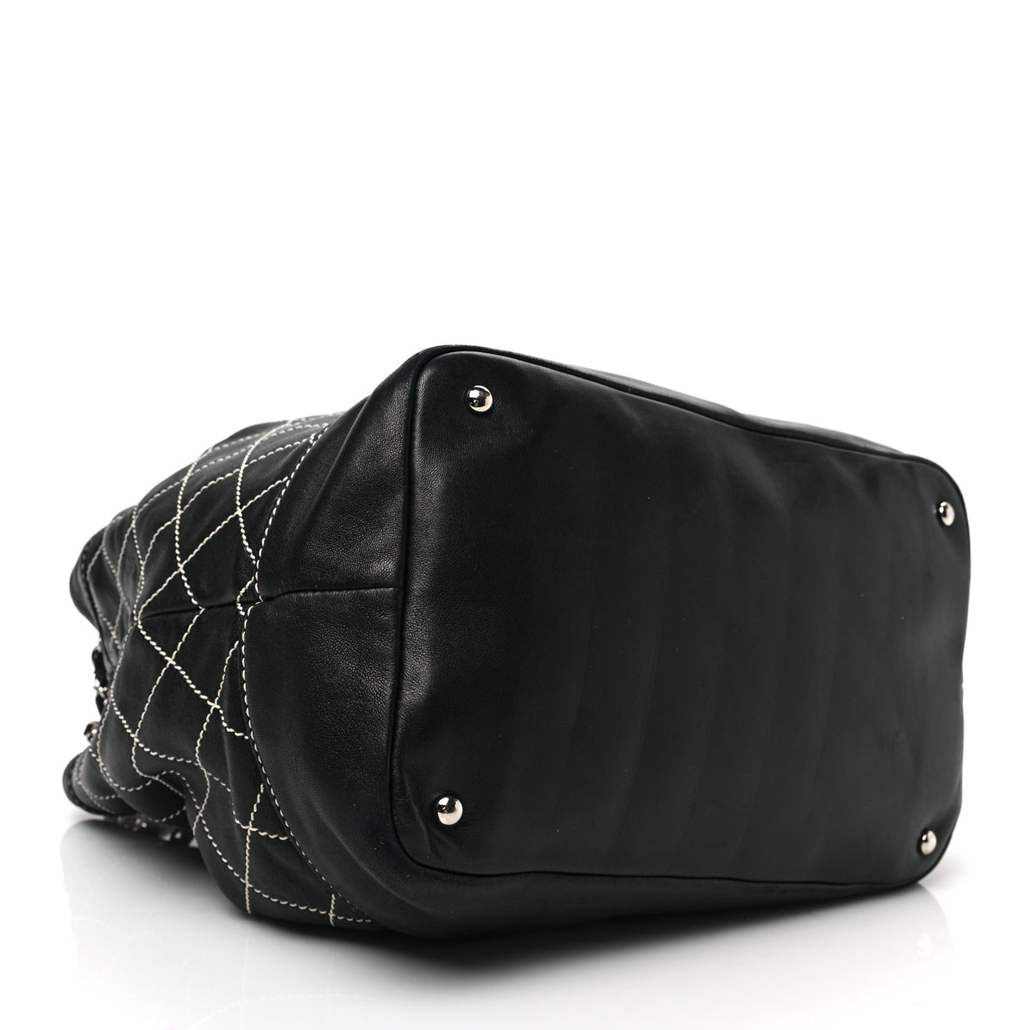 Lambskin Contrast Stitch Large Drawstring Tote Black