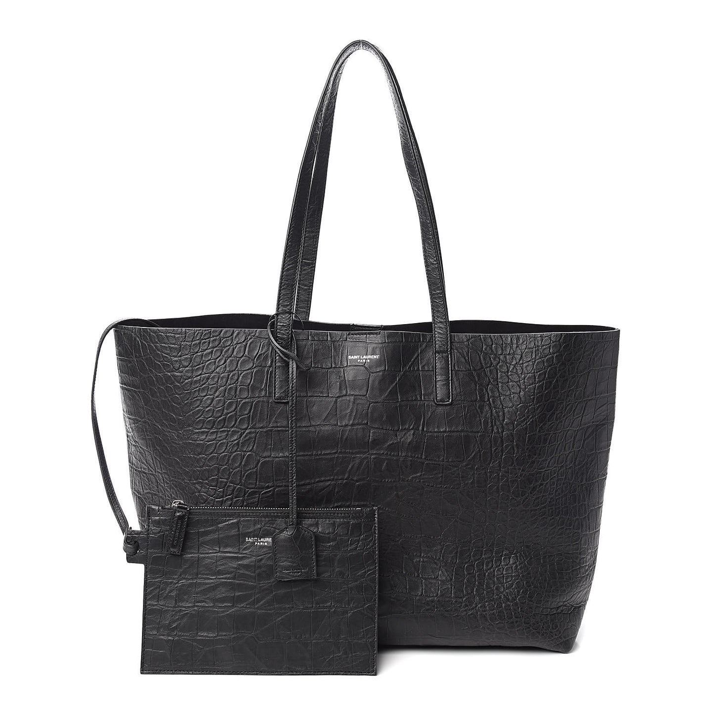 Calfskin Crocodile Embossed Large Shopper Tote Black