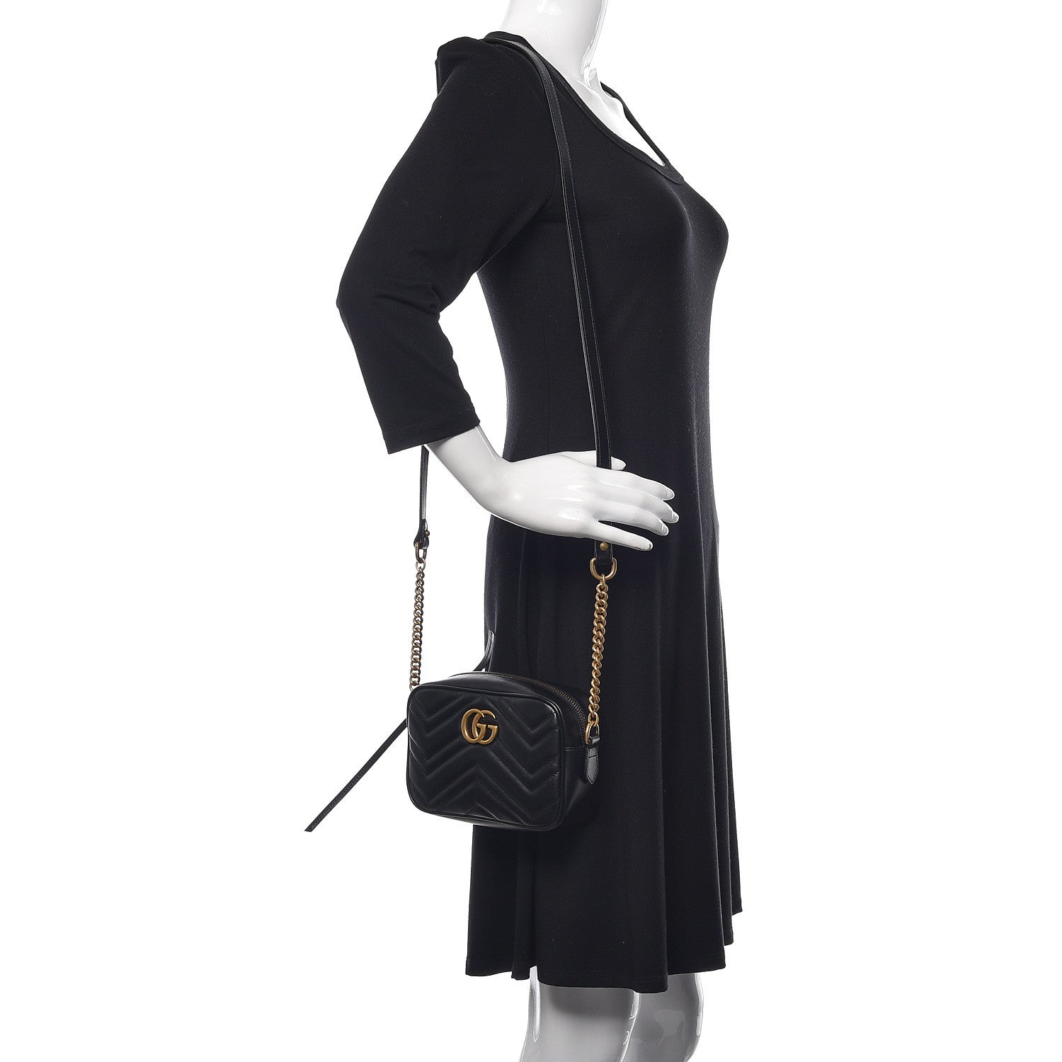 Gucci Calfskin Matelasse Mini GG Marmont Chain Shoulder Bag Black 2 of 12