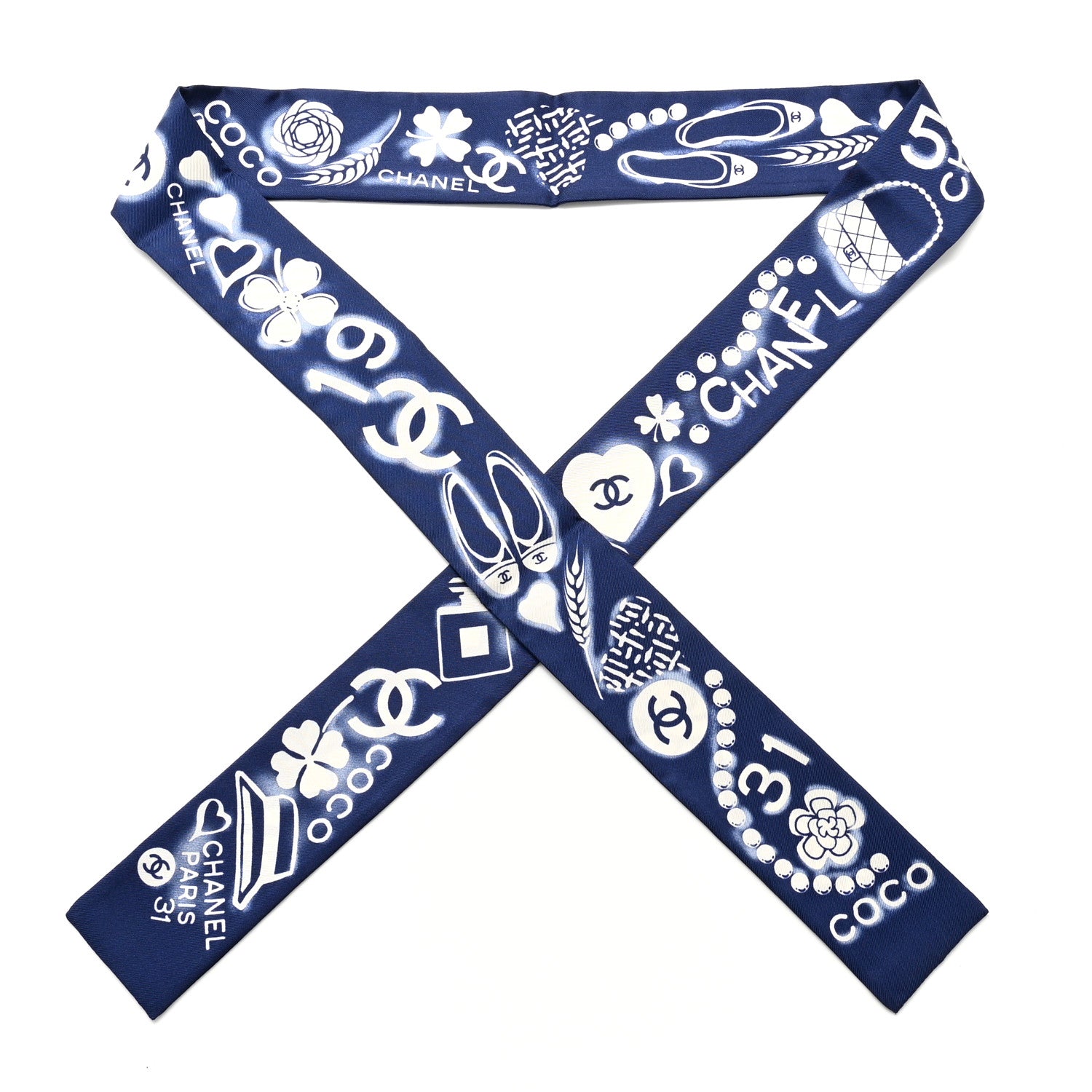 Chanel Silk Clover CC Slim Bandeau Scarf Navy White 1 of 3
