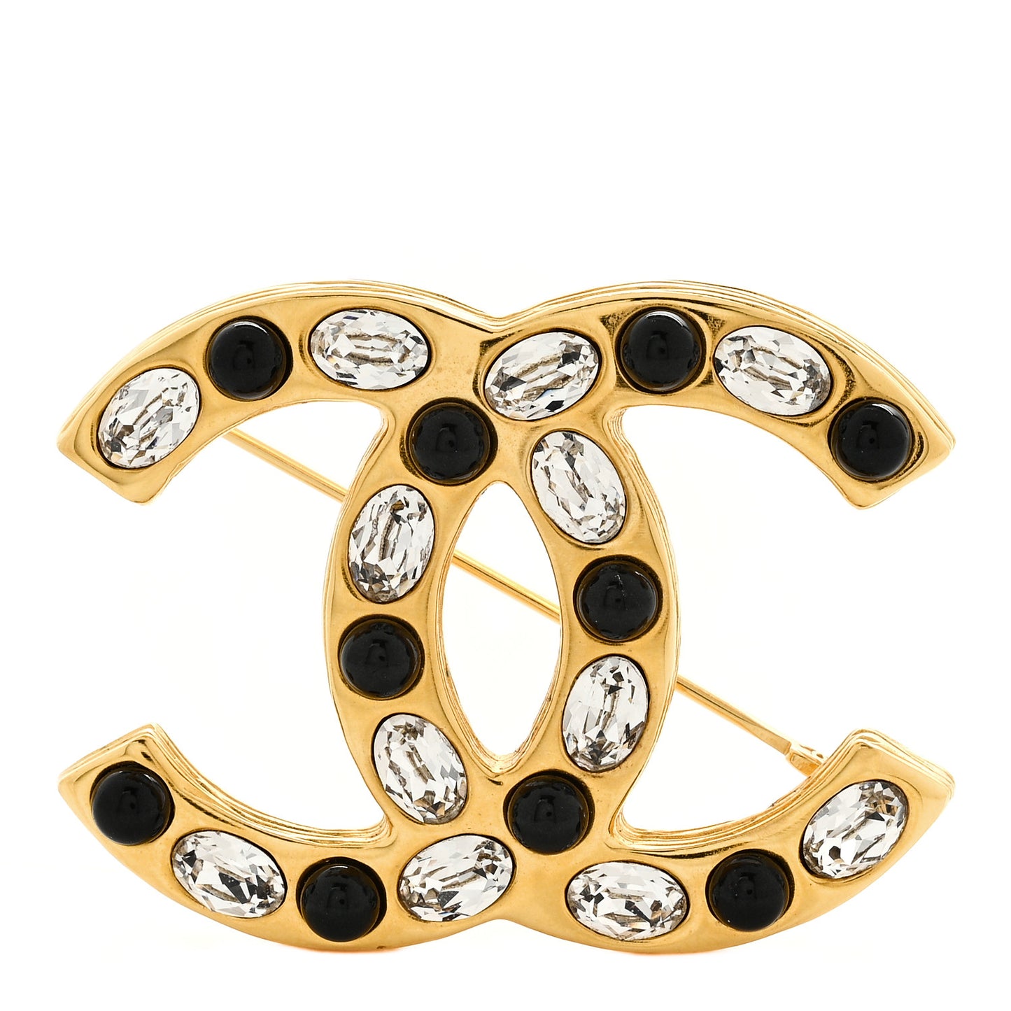 Metal Crystal Bead CC Brooch Gold Black