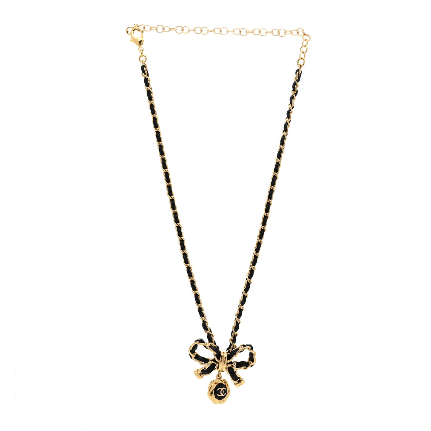 Metal Lambskin Chain CC Bow Necklace Black Gold