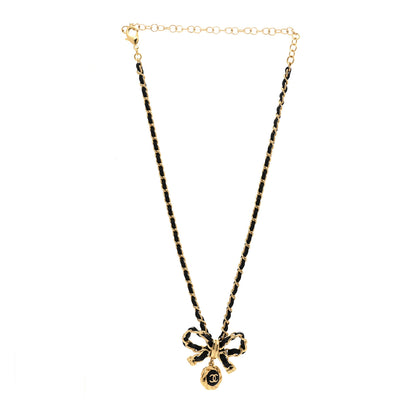 Chanel Metal Lambskin Chain CC Bow Necklace Black Gold 3 of 7