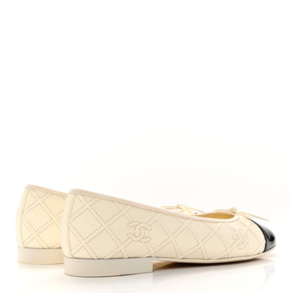 Chanel Lambskin Patent Double Stitched CC Cap Toe Ballerina Flats 39 Ivory Black 4 of 9