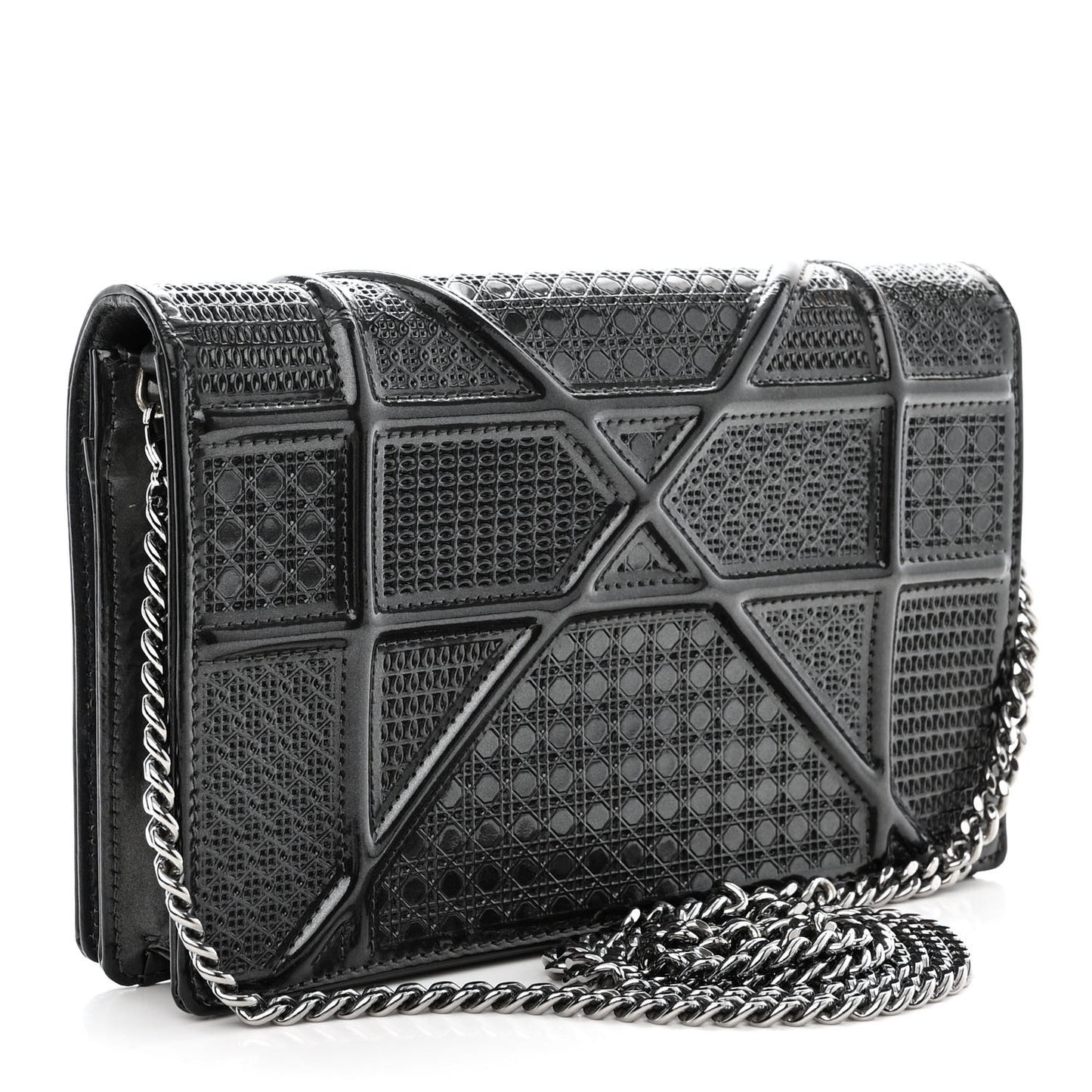 Metallic Patent Micro-Cannage Diorama Wallet on Chain Pouch Onyx Black