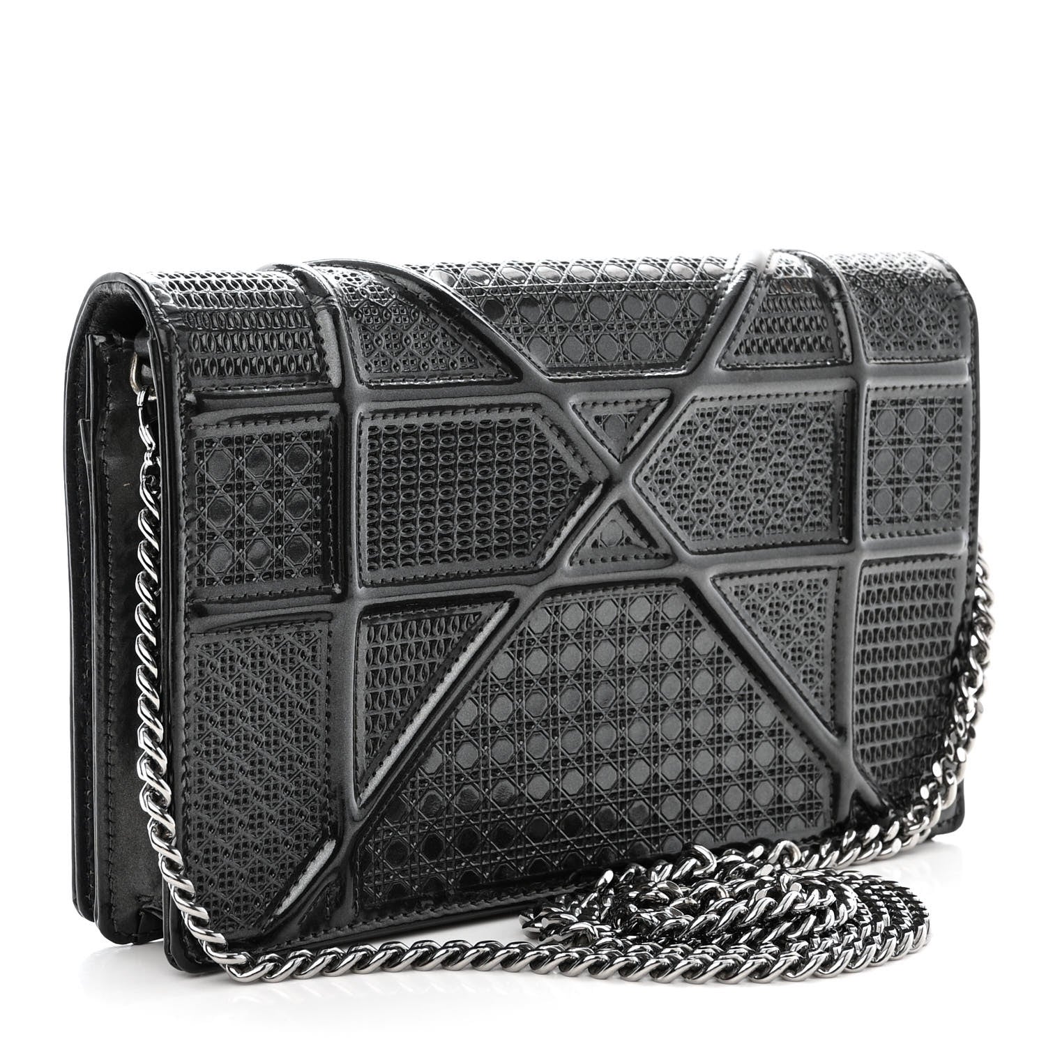 Christian Dior Metallic Patent Micro-Cannage Diorama Wallet on Chain Pouch Onyx Black 3 of 13