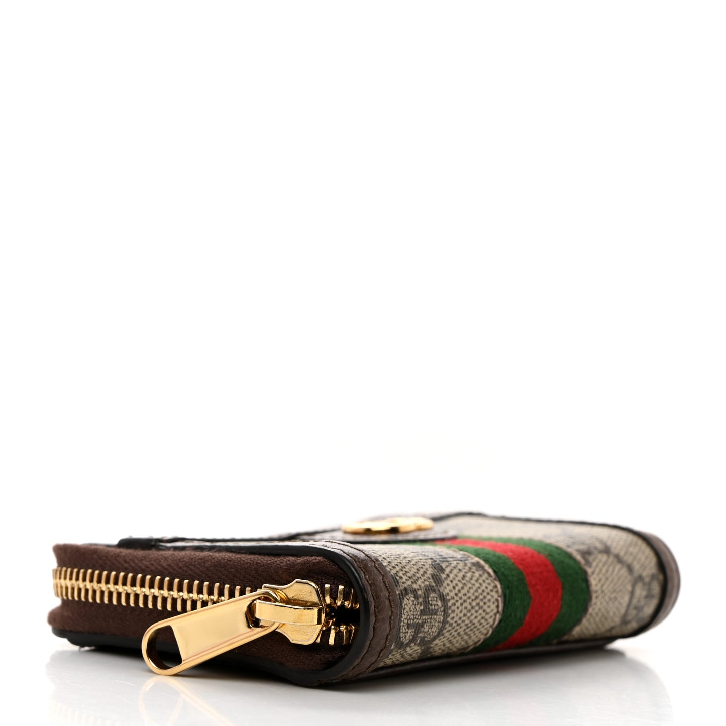 GG Supreme Monogram Textured Dollar Calfskin Web Ophidia Zip Around Card Case Wallet Beige Ebony New Acero