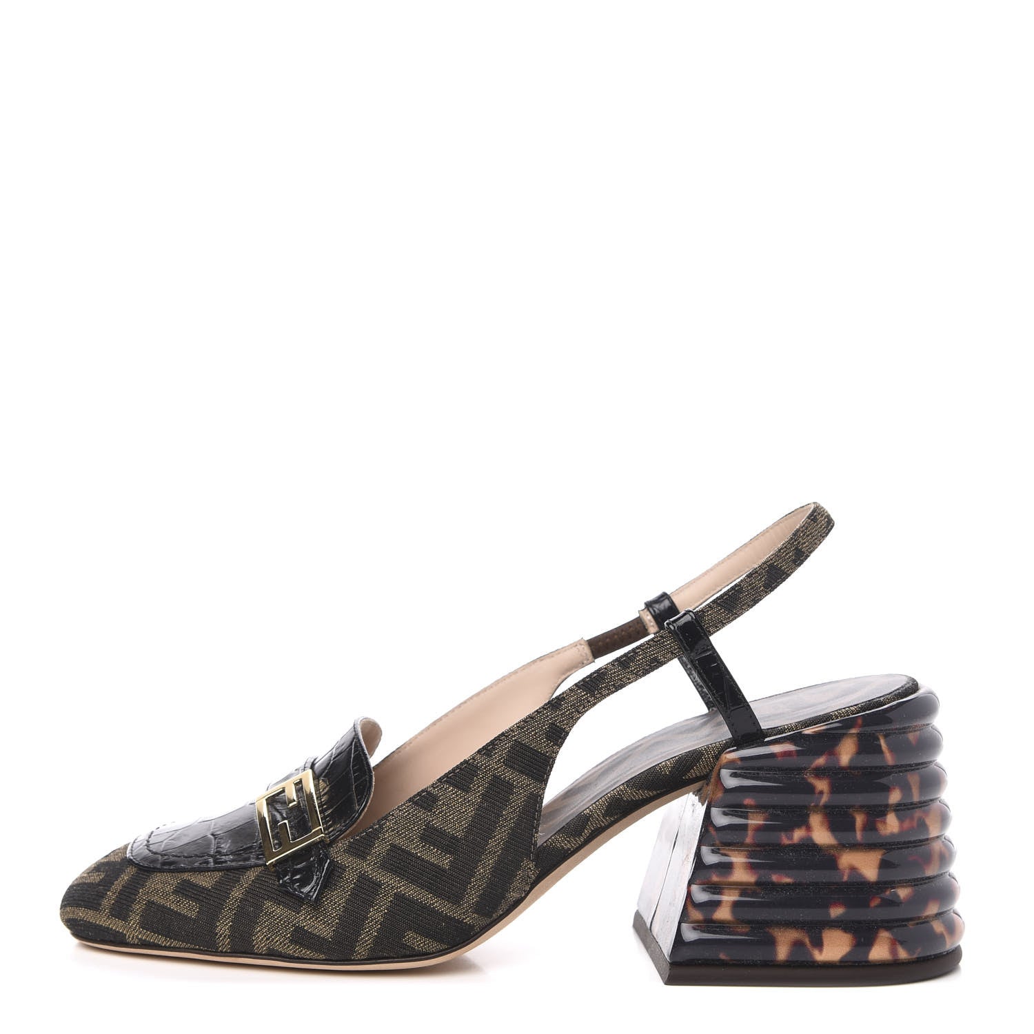 Fendi Jacquard Calfskin FF Tortoise Promenade Slingback Loafer Pumps 39 Tobacco 1 of 8