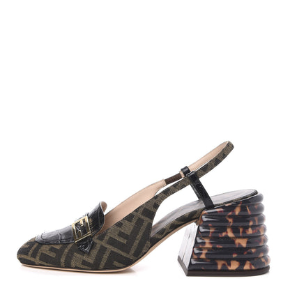 Fendi Jacquard Calfskin FF Tortoise Promenade Slingback Loafer Pumps 39 Tobacco 1 of 8