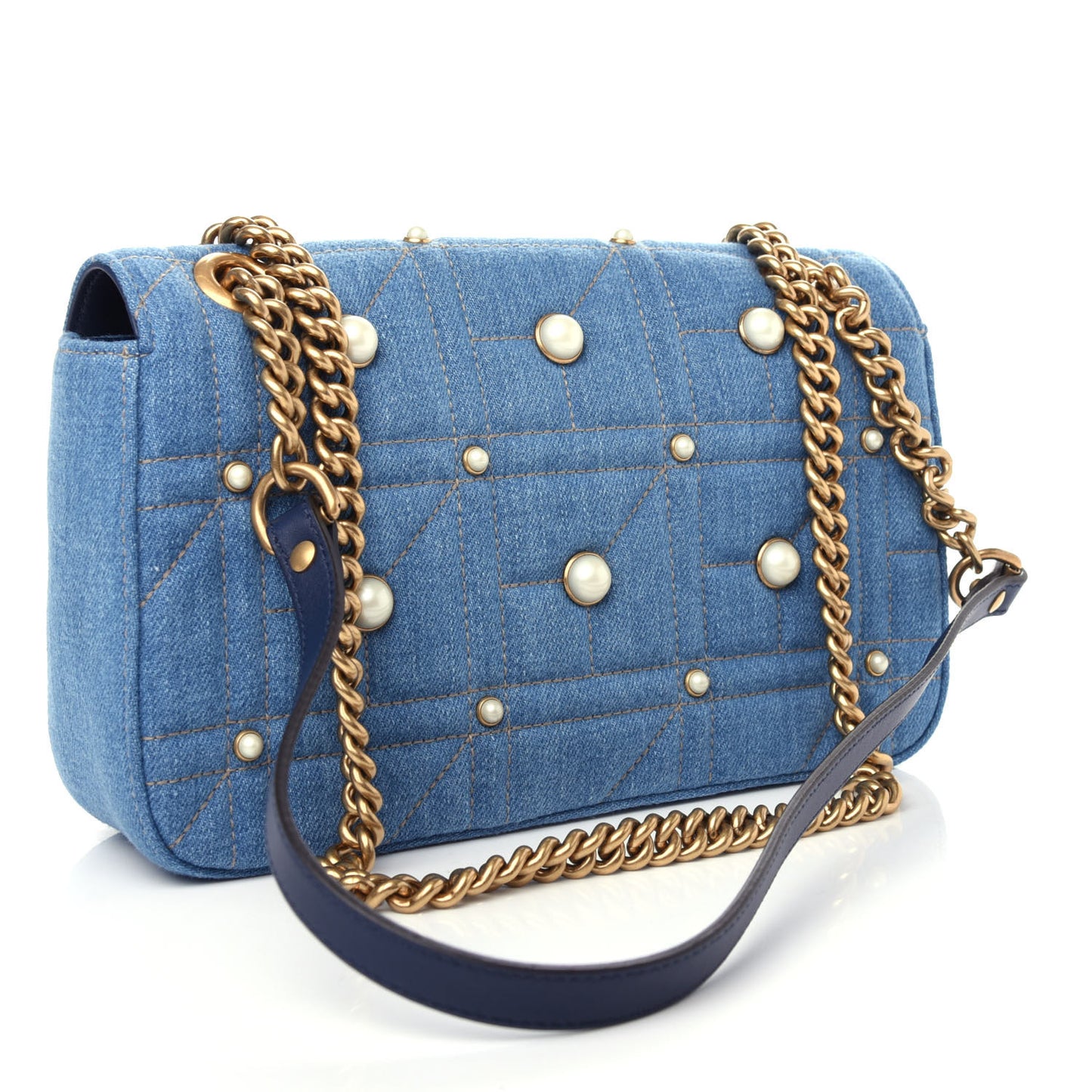 Denim Matelasse Pearl Studded Small GG Marmont Shoulder Bag Blue