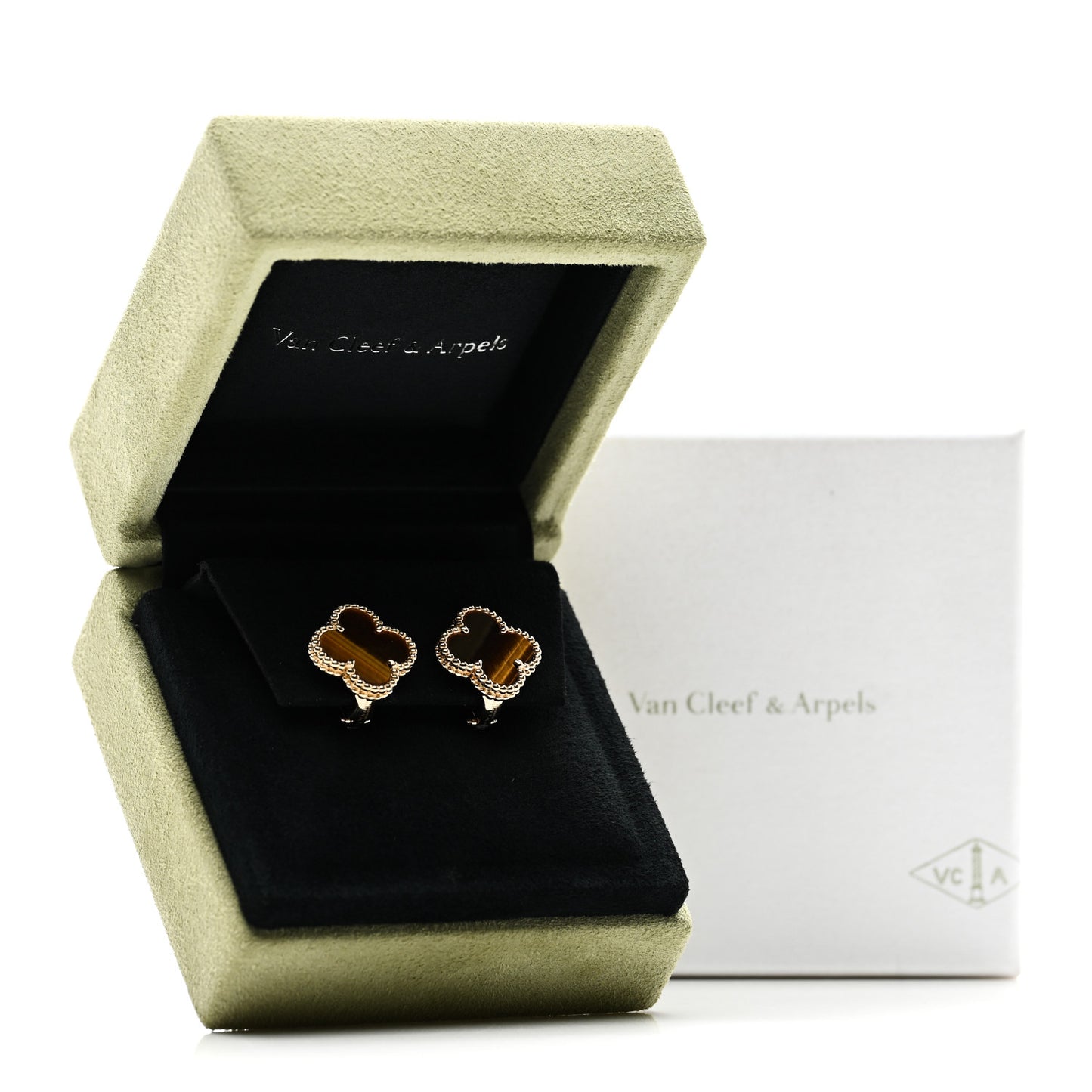 18K Yellow Gold Tiger's Eye Vintage Alhambra Earrings