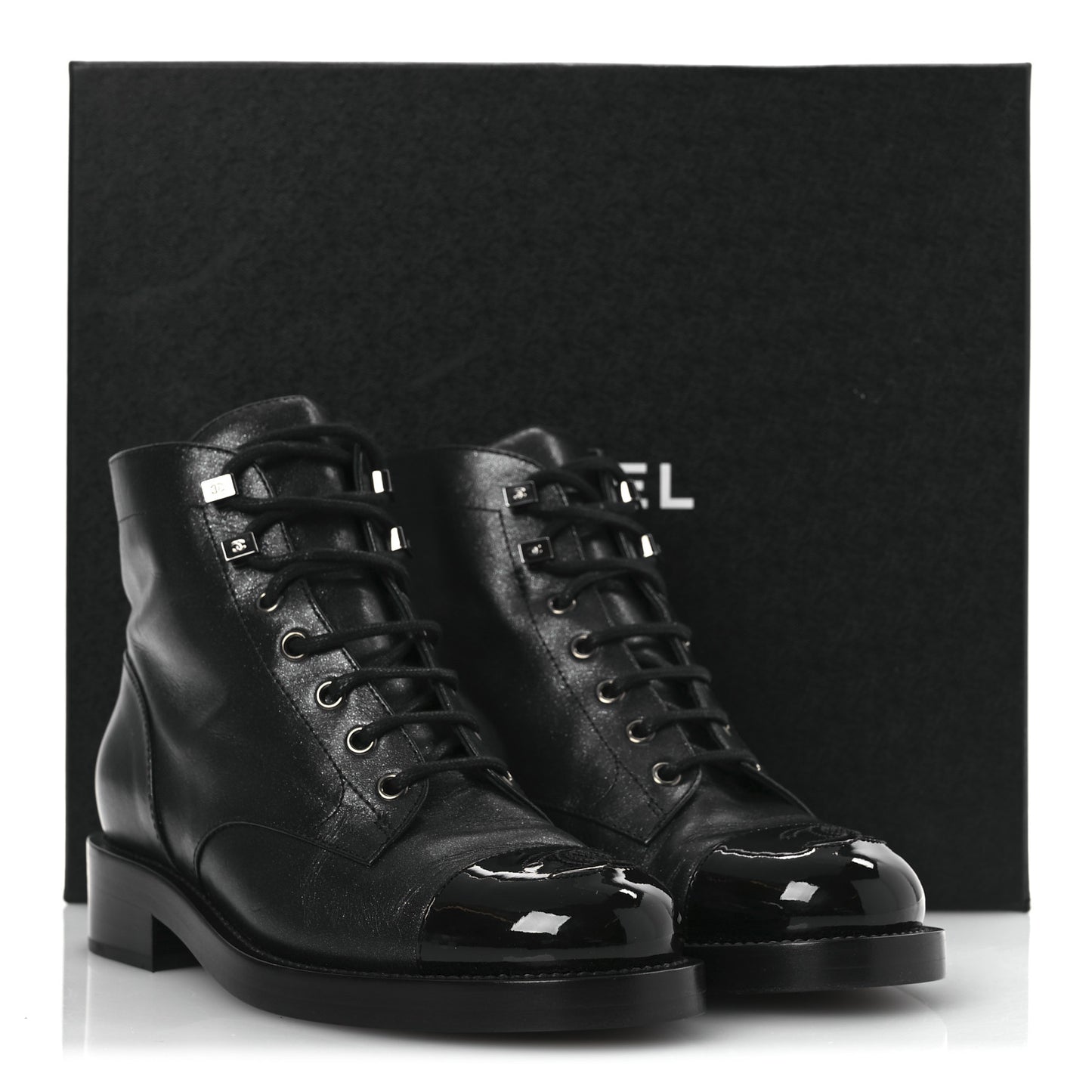Calfskin Lace Up CC Combat Boots 37 Black