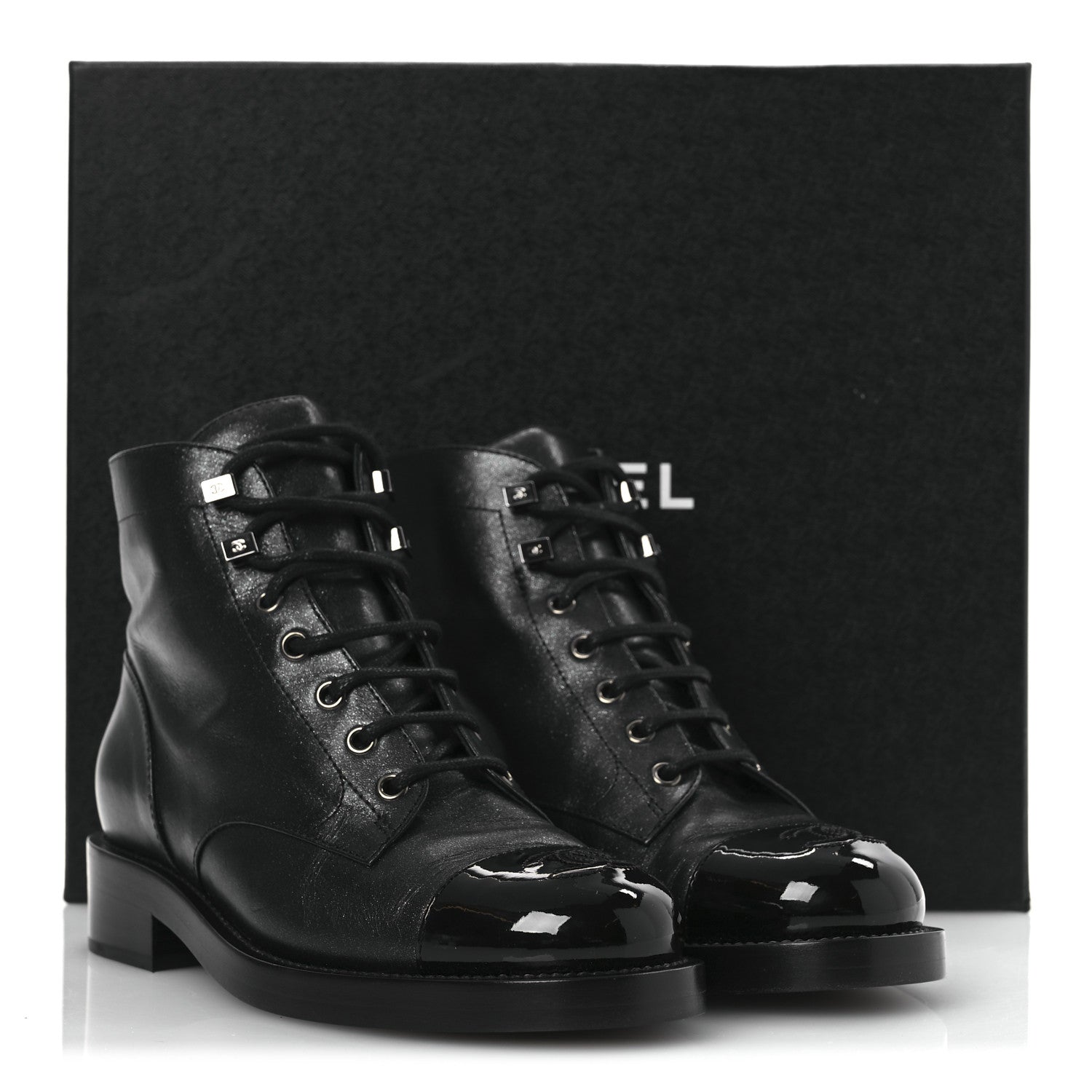 Chanel Calfskin Lace Up CC Combat Boots 37 Black 11 of 11