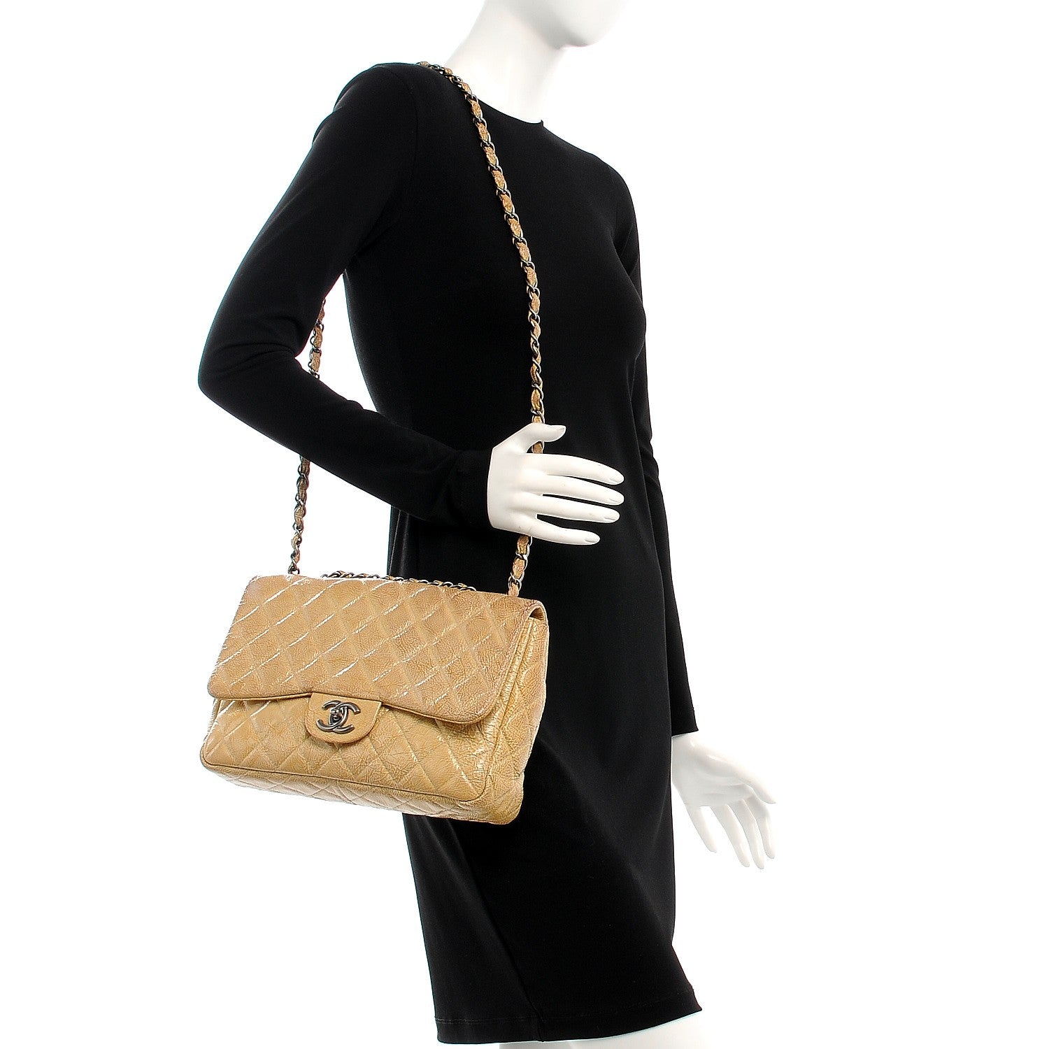Chanel Crinkled Patent Quilted Jumbo Single Flap Light Beige 2 of 10