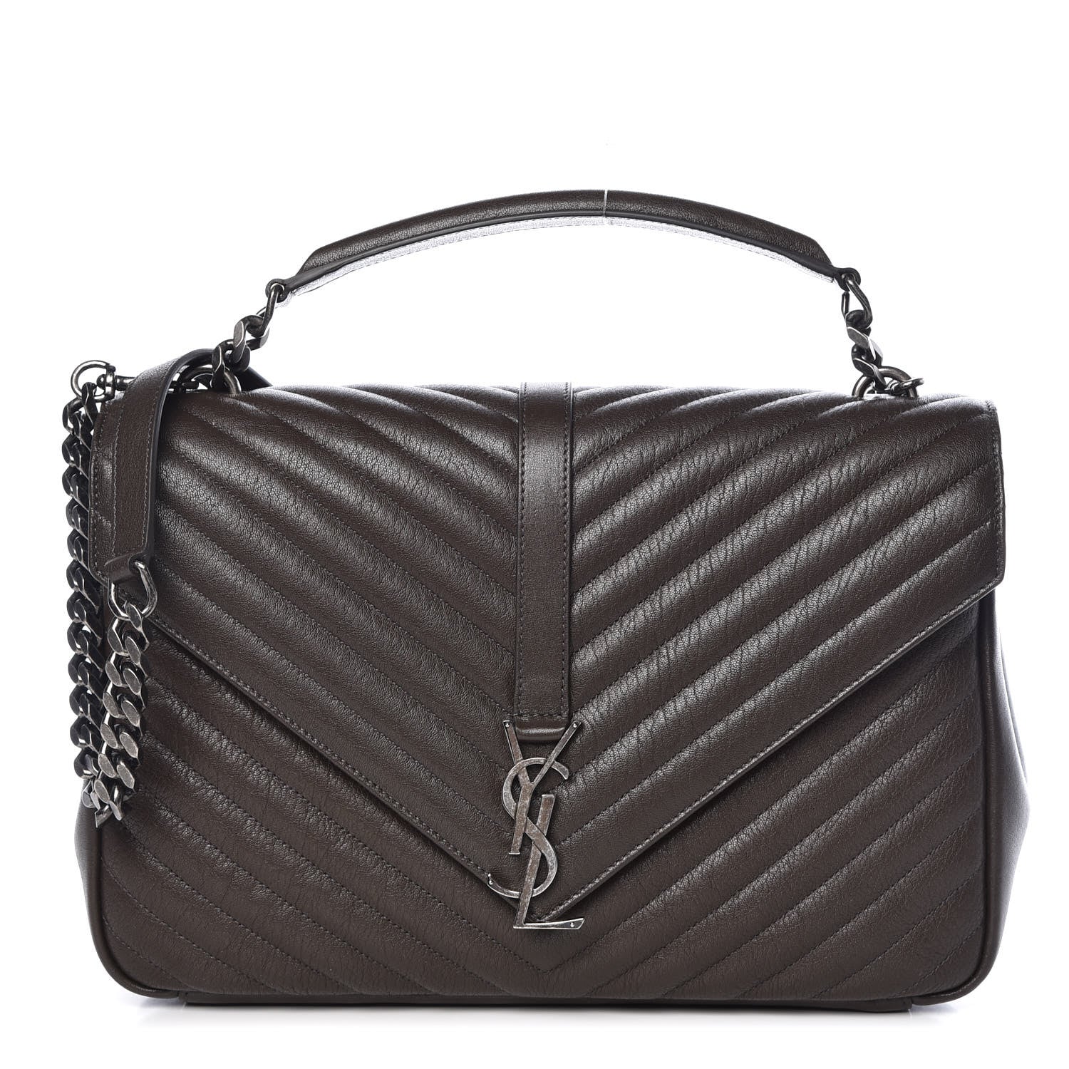 Saint Laurent Sheepskin Matelasse Chevron Monogram Large College Satchel Dark Brown 1 of 9