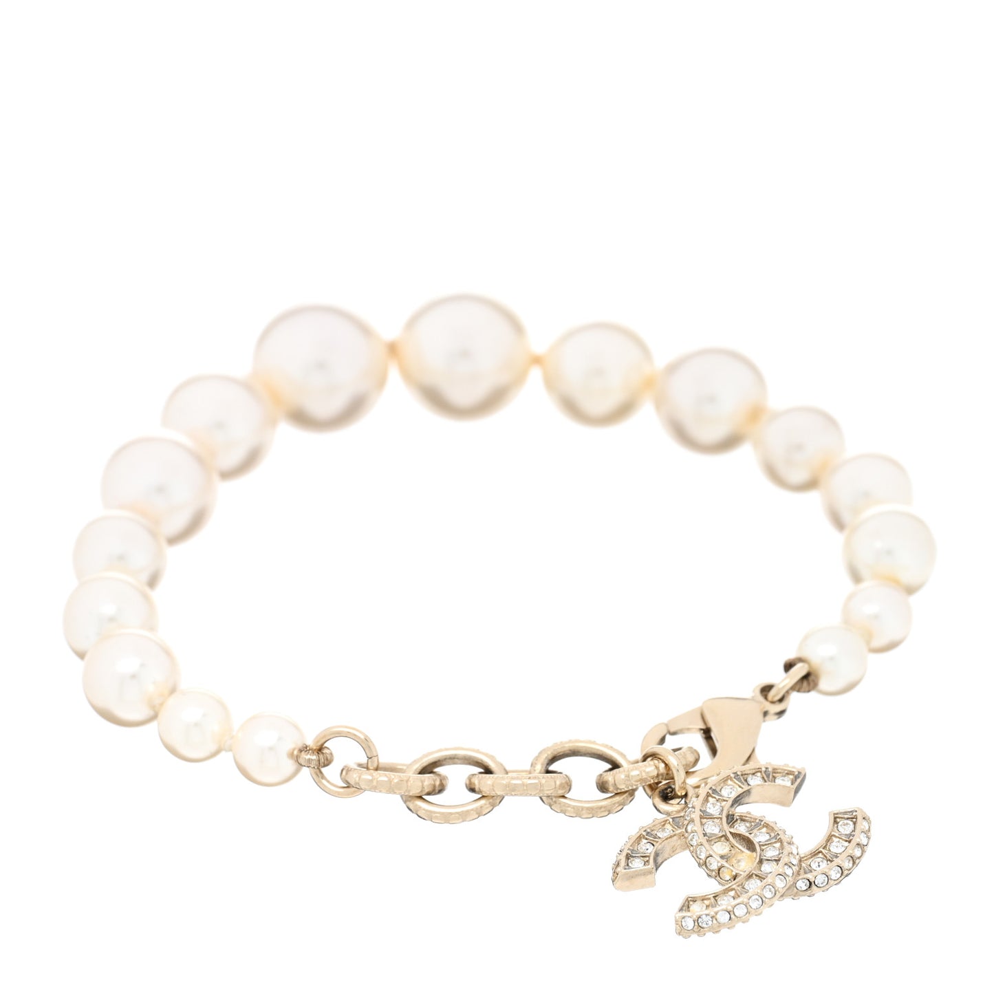 Graduated Pearl Crystal CC Bracelet Gold