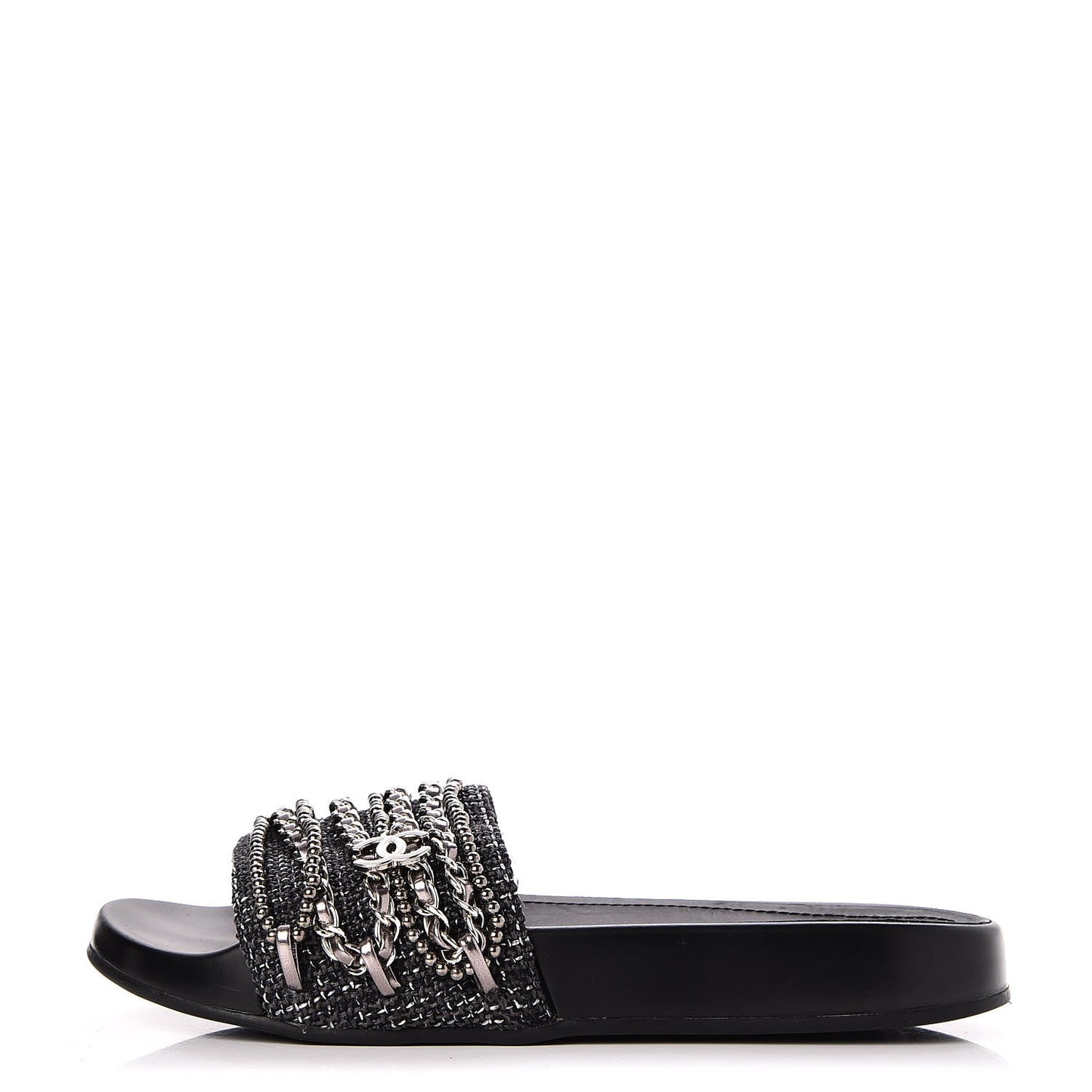 Tweed Lambskin Chain Flat Sandals 36 Black Silver