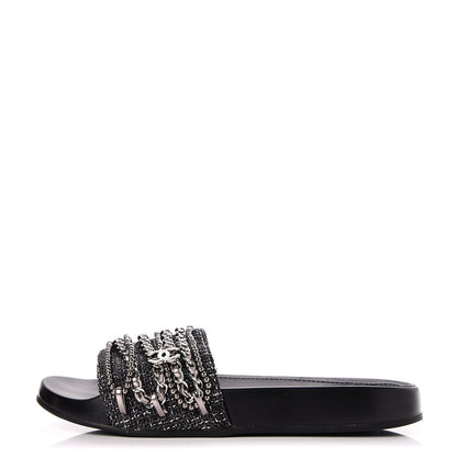 Chanel Tweed Lambskin Chain Flat Sandals 36 Black Silver 1 of 7