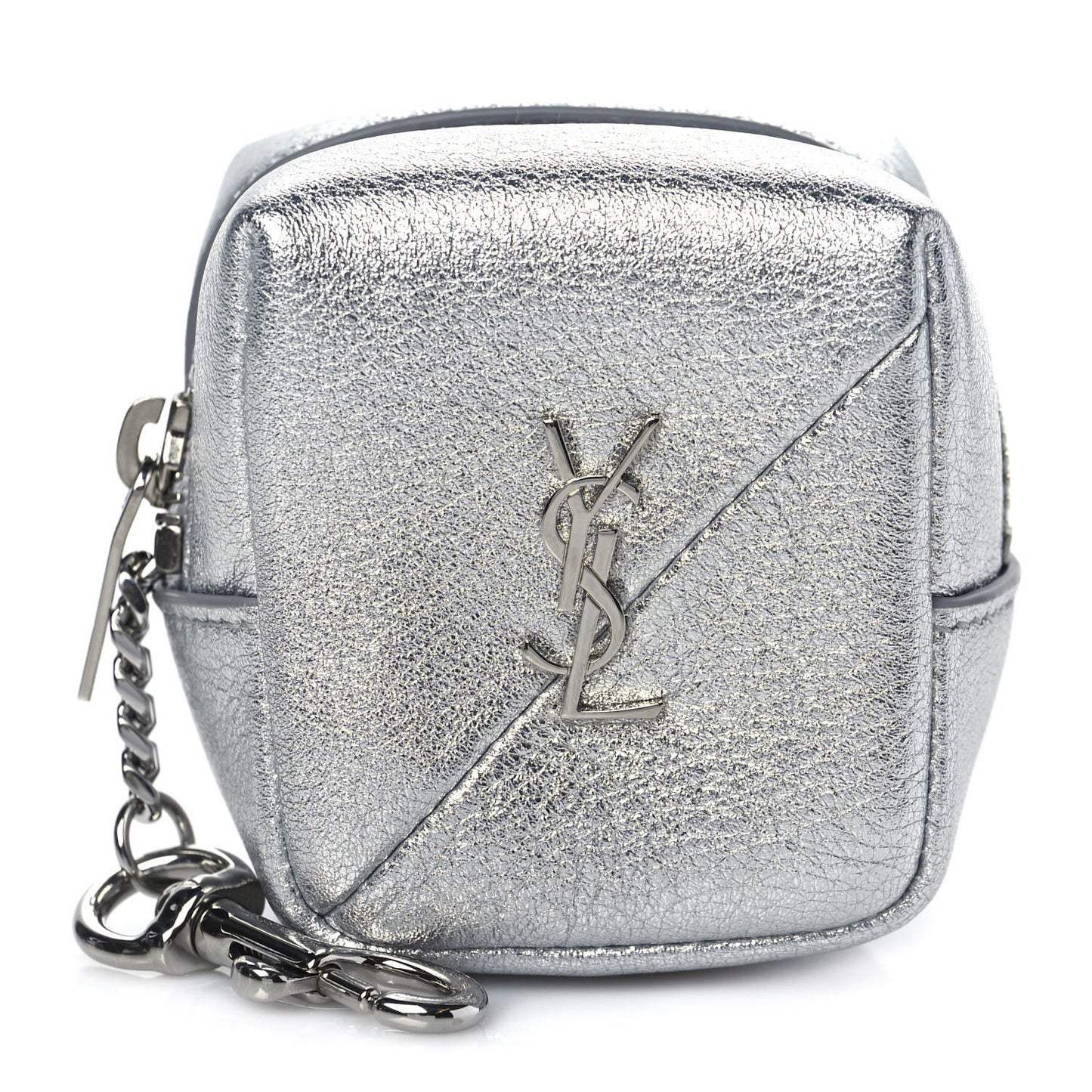 Crinkled Lame Calfskin Jaime Cube Charm Keychain Silver