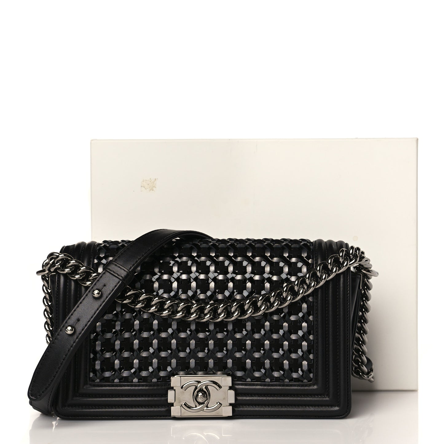 Calfskin Patent Braided Medium Boy Flap Black