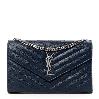 Saint Laurent Grain De Poudre Matelasse Chevron Monogram Chain Wallet Blue Sapphire 1 of 12