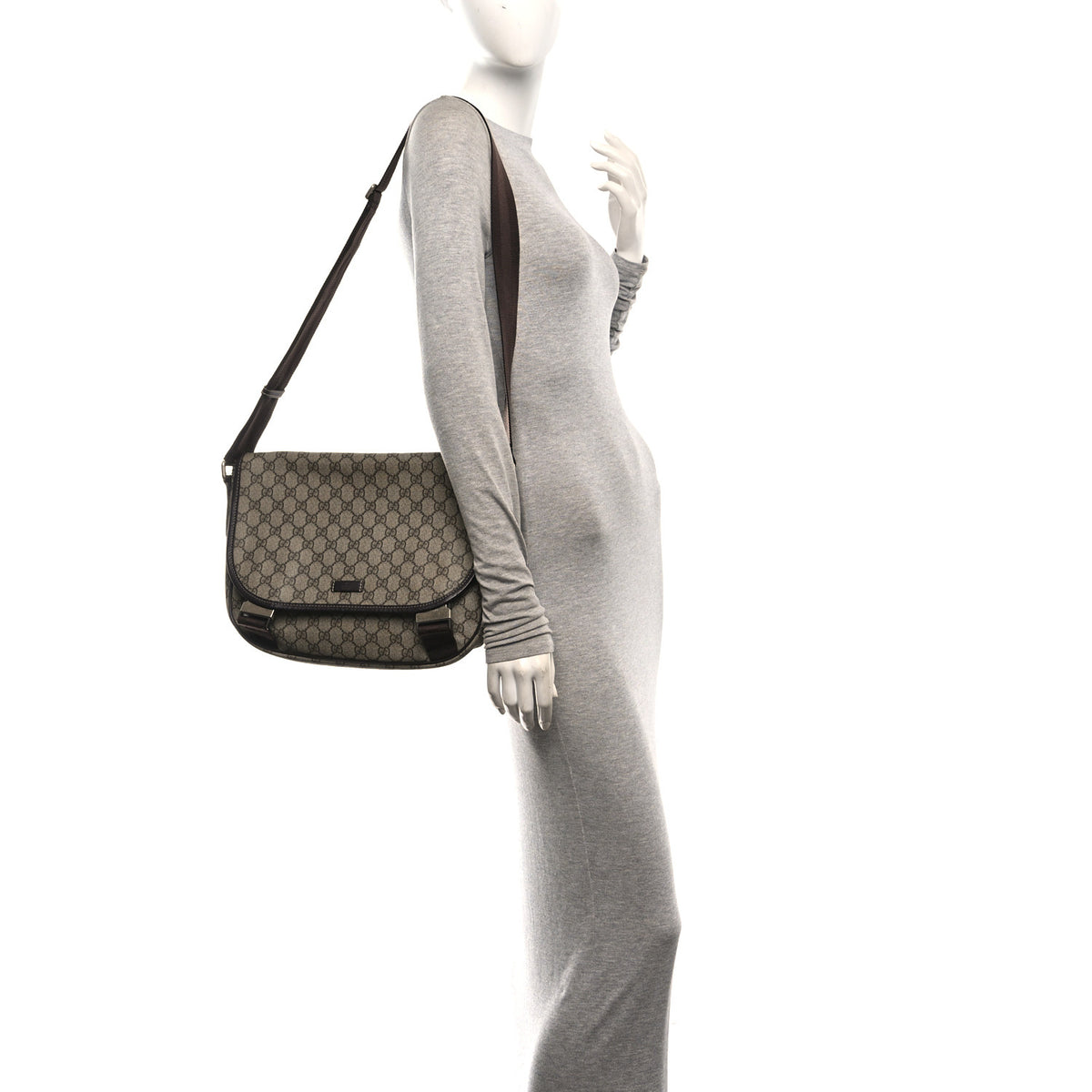 GG Plus Monogram Medium Double Buckle Flap Messenger Bag Beige Dark Brown