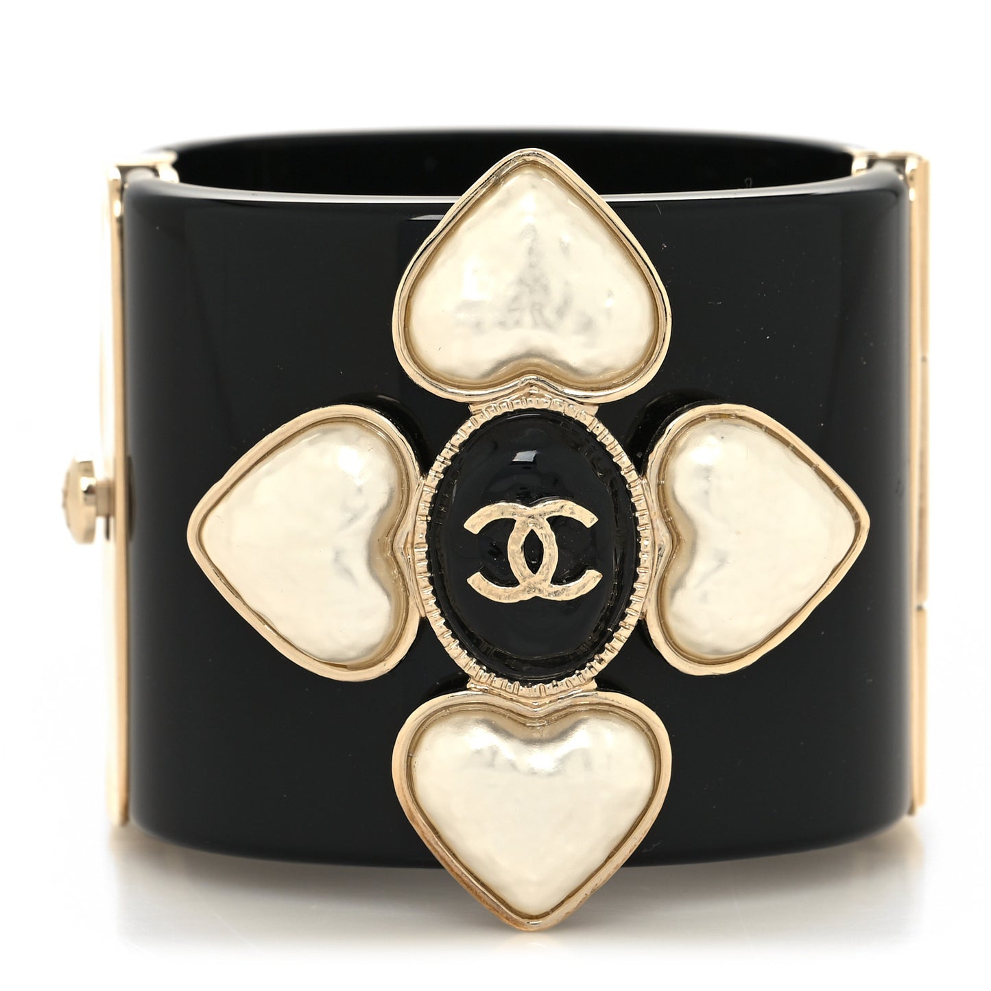 Resin Pearl Enamel CC Cuff Bracelet Black Pearly White Gold
