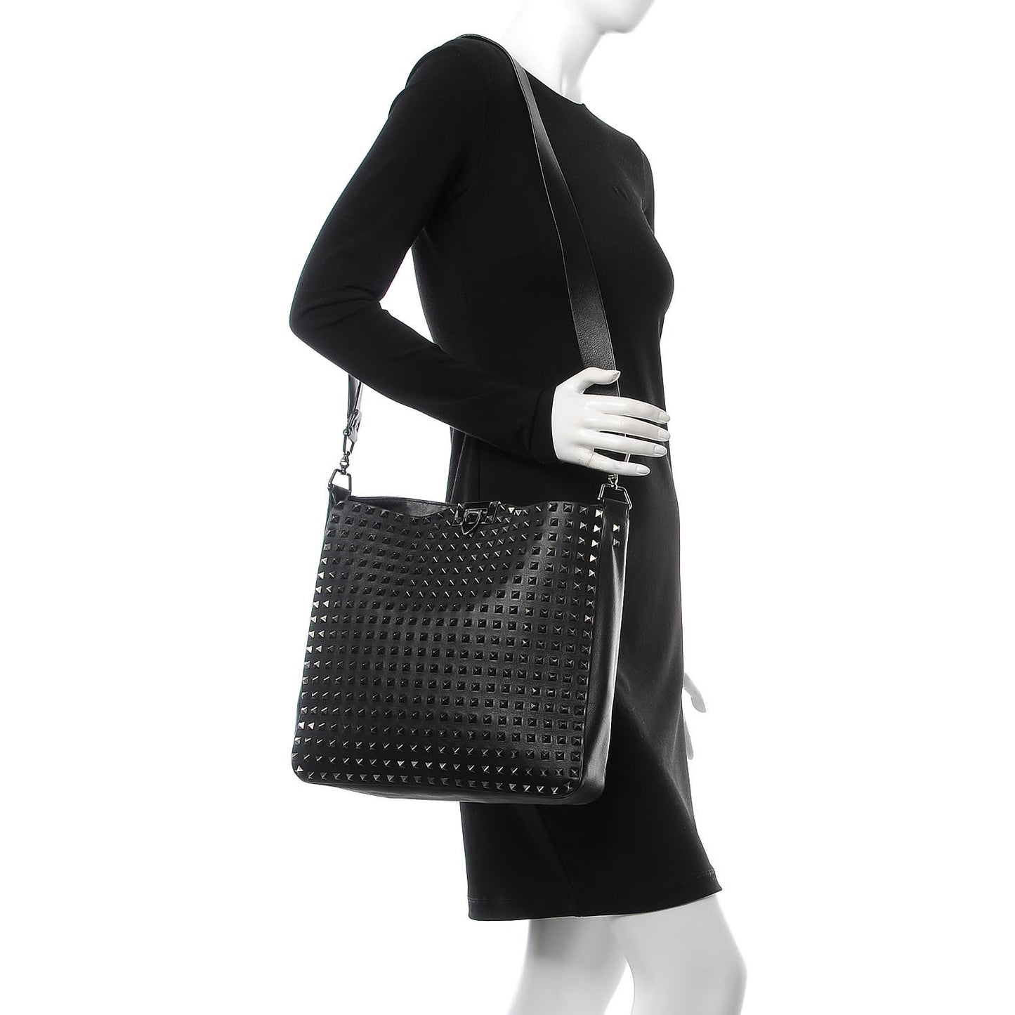 Calfskin Rockstud All Over Flip-Lock Messenger Bag Black