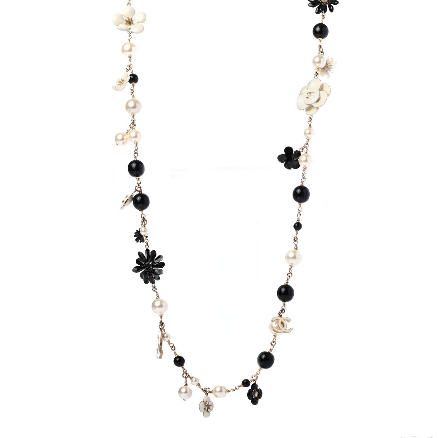 Pearl Camellia CC Long Necklace Gold Black
