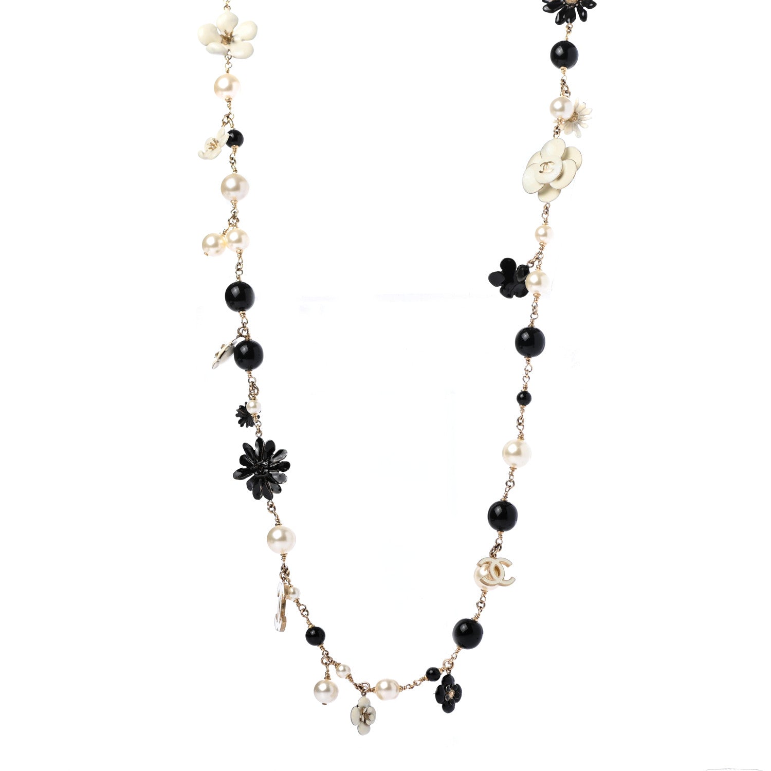 Chanel Pearl Camellia CC Long Necklace Gold Black 1 of 5