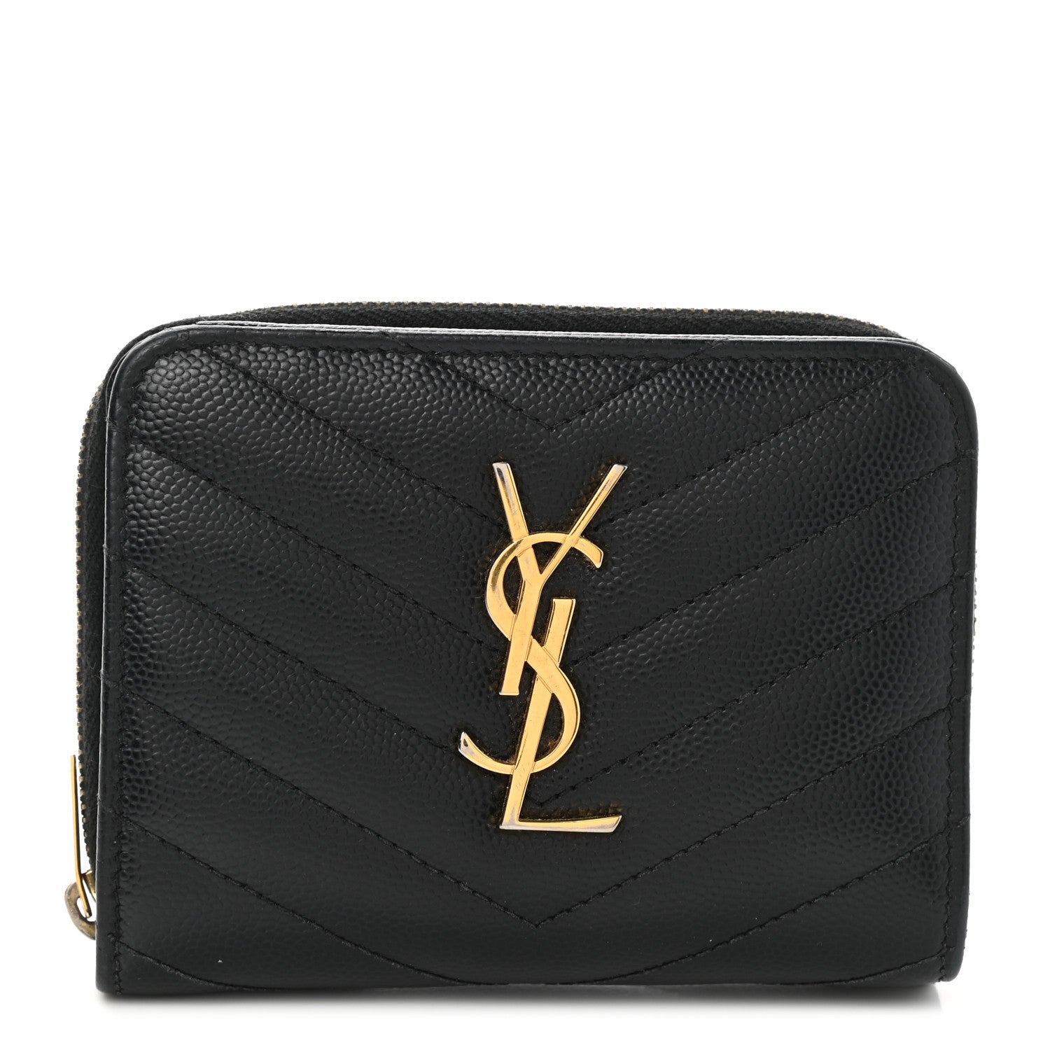Saint Laurent Grain De Poudre Matelasse Chevron Monogram Compact Zip Around Wallet Black 1 of 8