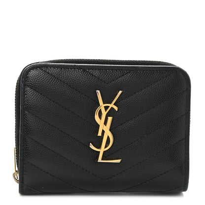 Saint Laurent Grain De Poudre Matelasse Chevron Monogram Compact Zip Around Wallet Black 1 of 8
