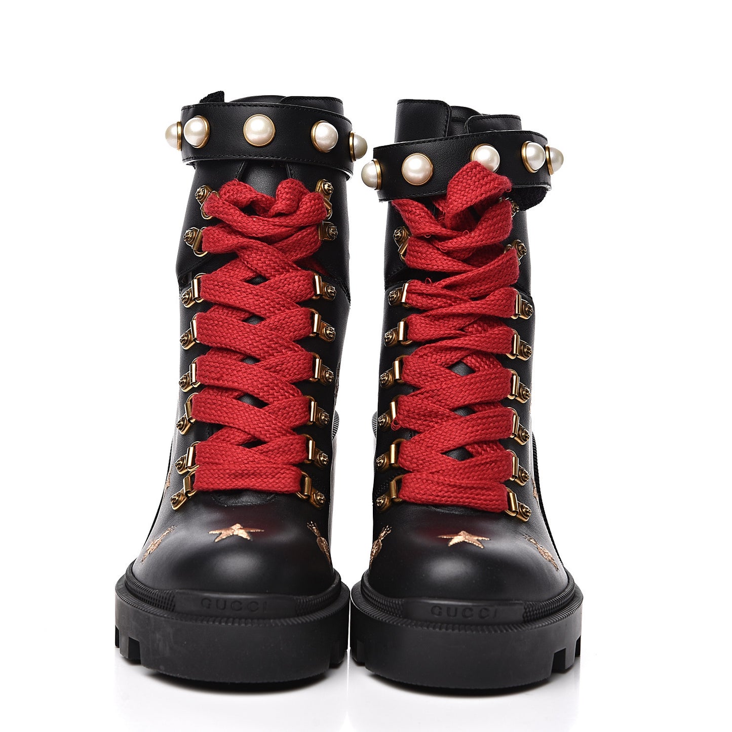 Calfskin Bee Star Embroidered Lace Up Combat Ankle Boots 37 Black