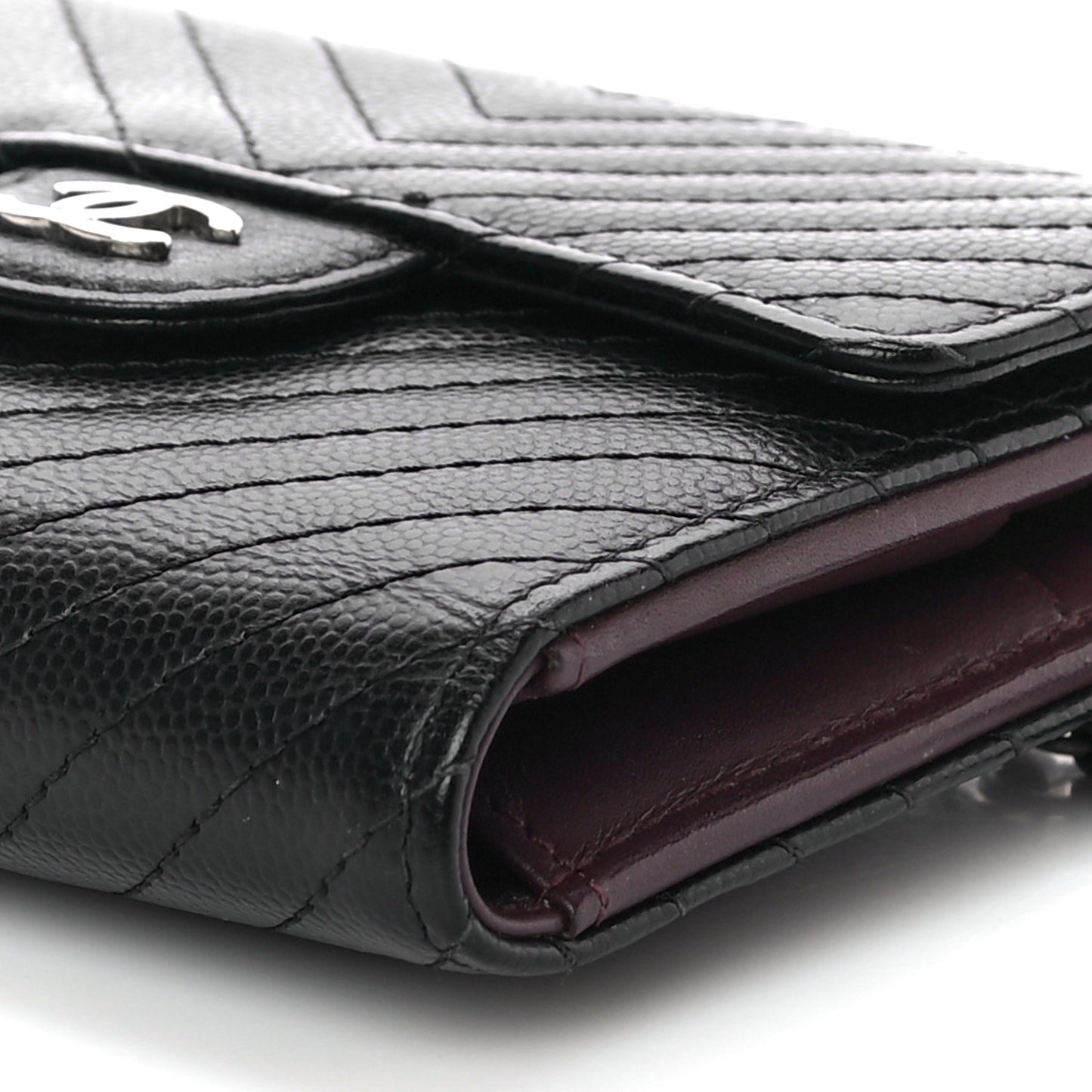 Caviar Chevron Quilted Compact Flap Wallet Black