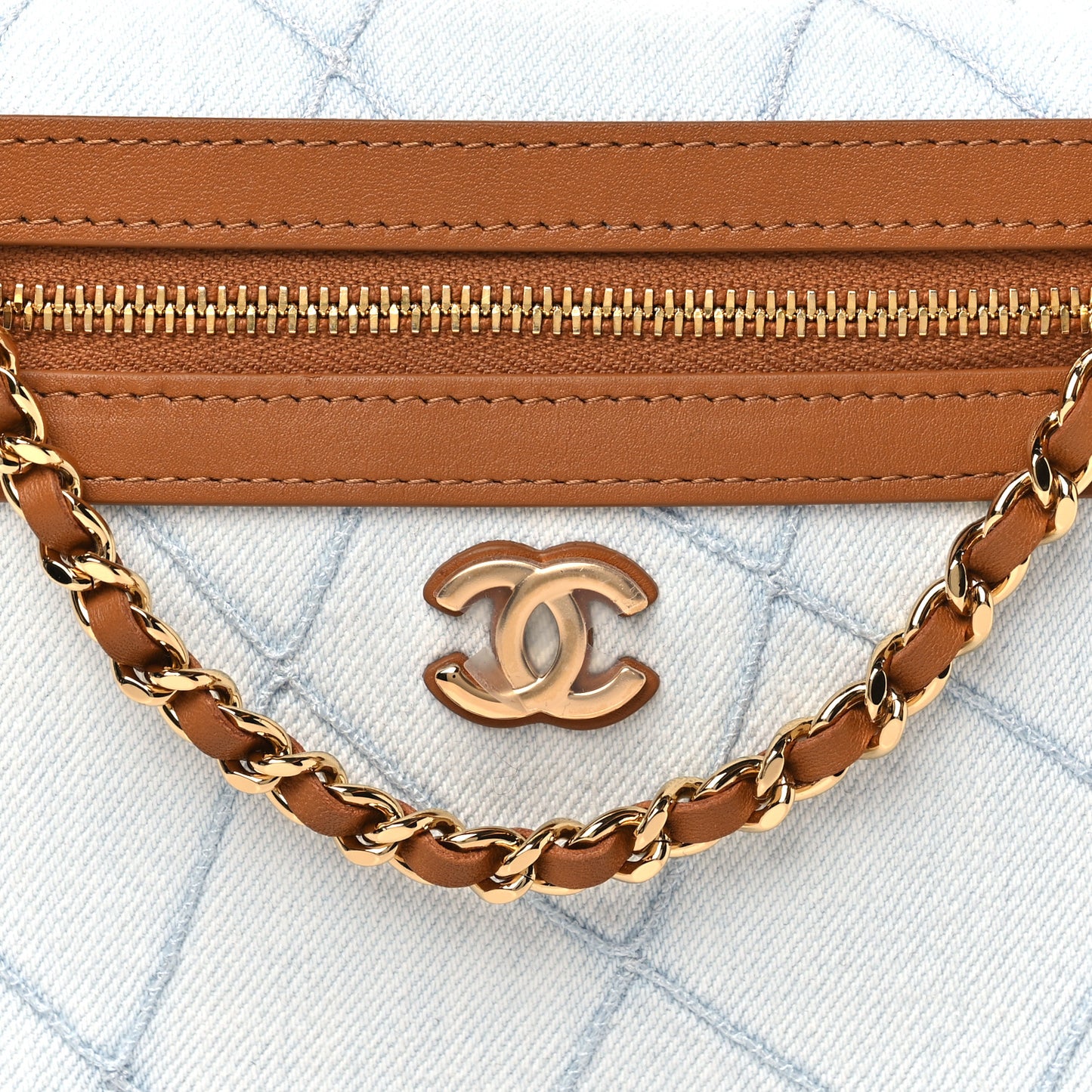 Washed Denim Calfskin Quilted Top Handle Slim Vanity Case With Chain Blue Brown