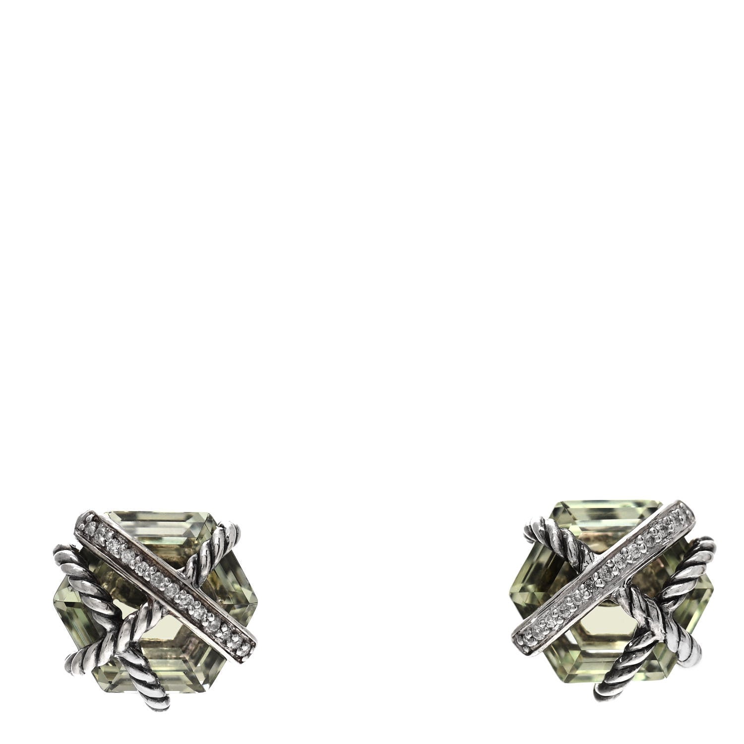David Yurman Sterling Silver Diamond Prasiolite 10mm Cable Wrap Earrings 1 of 5