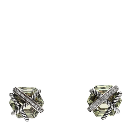 David Yurman Sterling Silver Diamond Prasiolite 10mm Cable Wrap Earrings 1 of 5