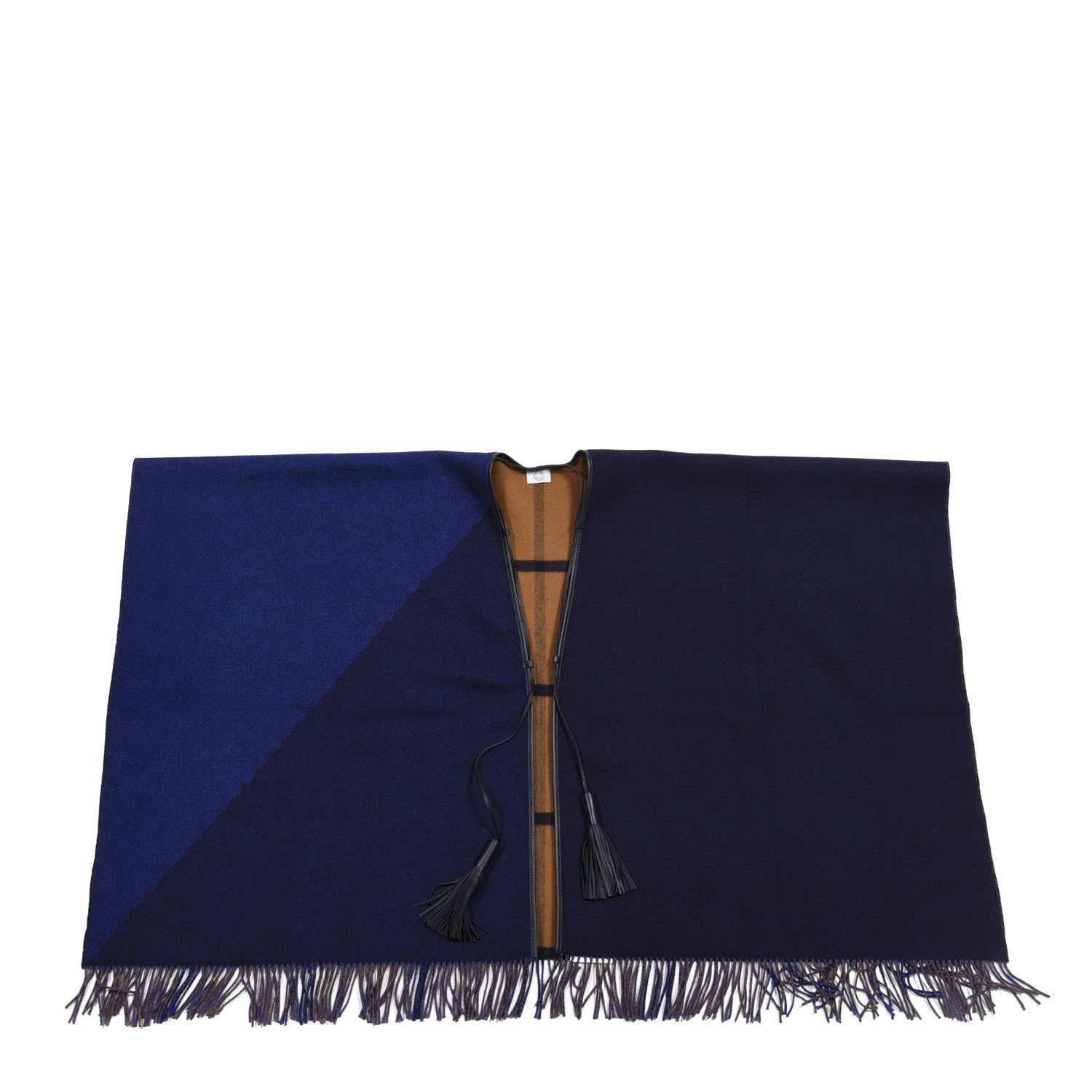 Hermes Wool Calfskin Reversible Highlands Poncho Navy Royal Fauve 1 of 3