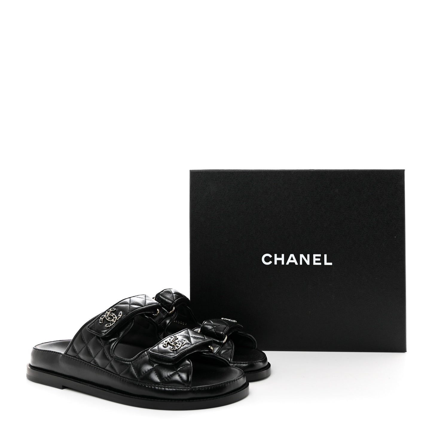 Lambskin Quilted Velcro Dad Chain CC Slide Sandals 38 Black