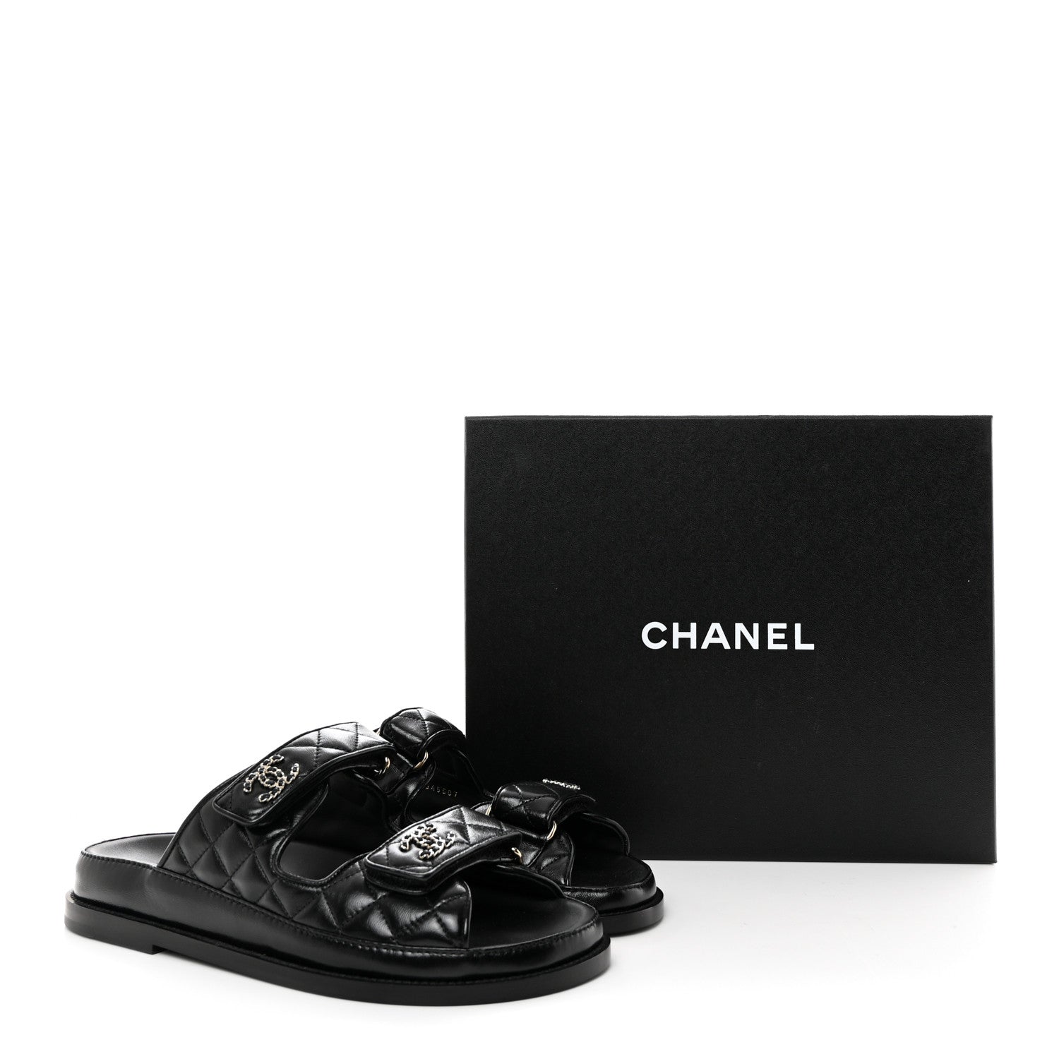Chanel Lambskin Quilted Velcro Dad Chain CC Slide Sandals 38 Black 9 of 9