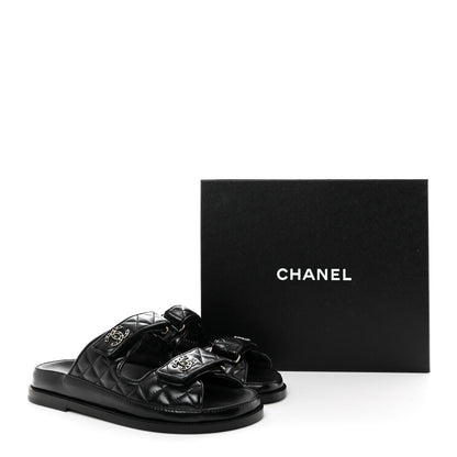 Chanel Lambskin Quilted Velcro Dad Chain CC Slide Sandals 38 Black 9 of 9