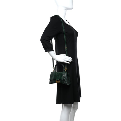 Balenciaga Shiny Calfskin Crocodile Embossed Hourglass Top Handle Bag XS Forest Green 2 of 14