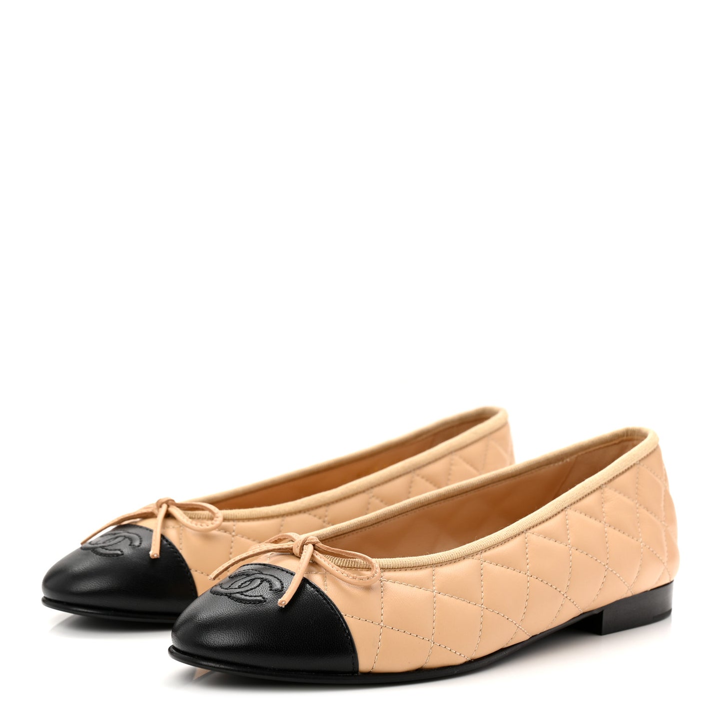 Lambskin Quilted CC Cap Toe Ballerina Flats 37.5 Beige Black