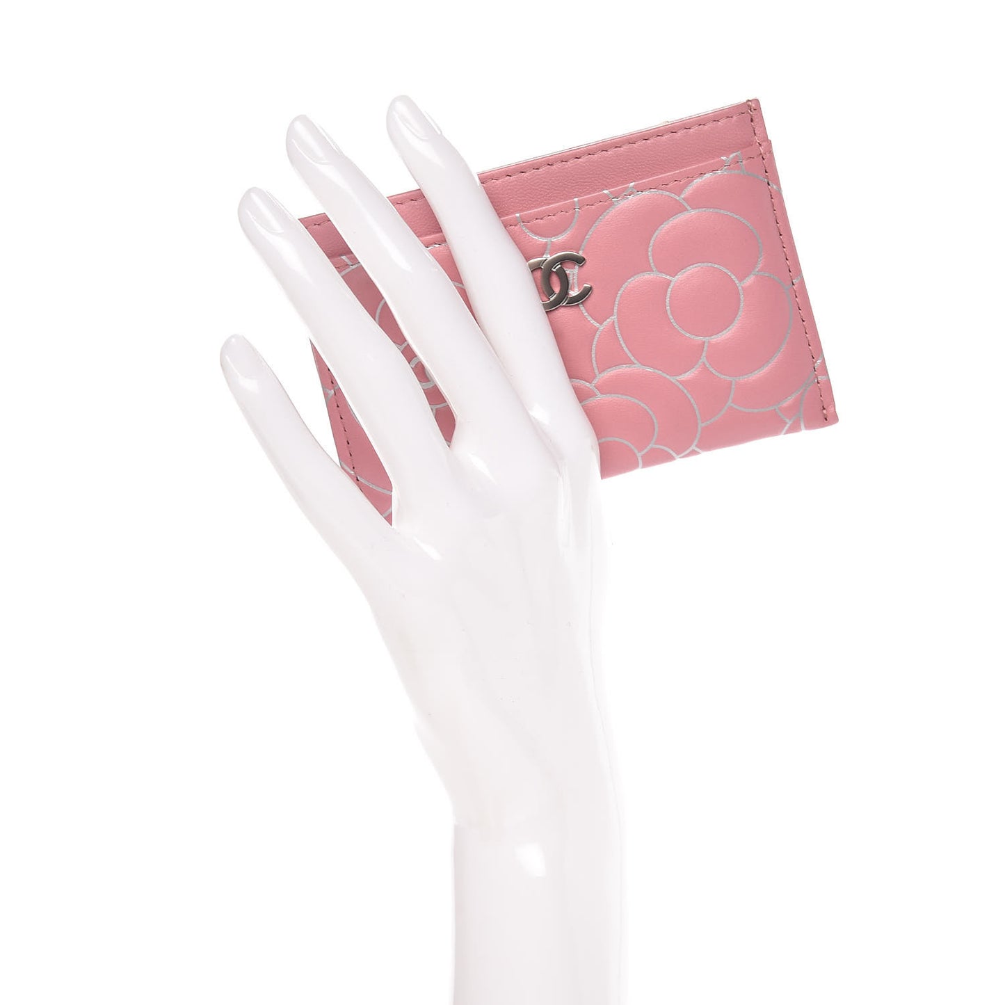 Lambskin Camellia Embossed Card Holder Pink