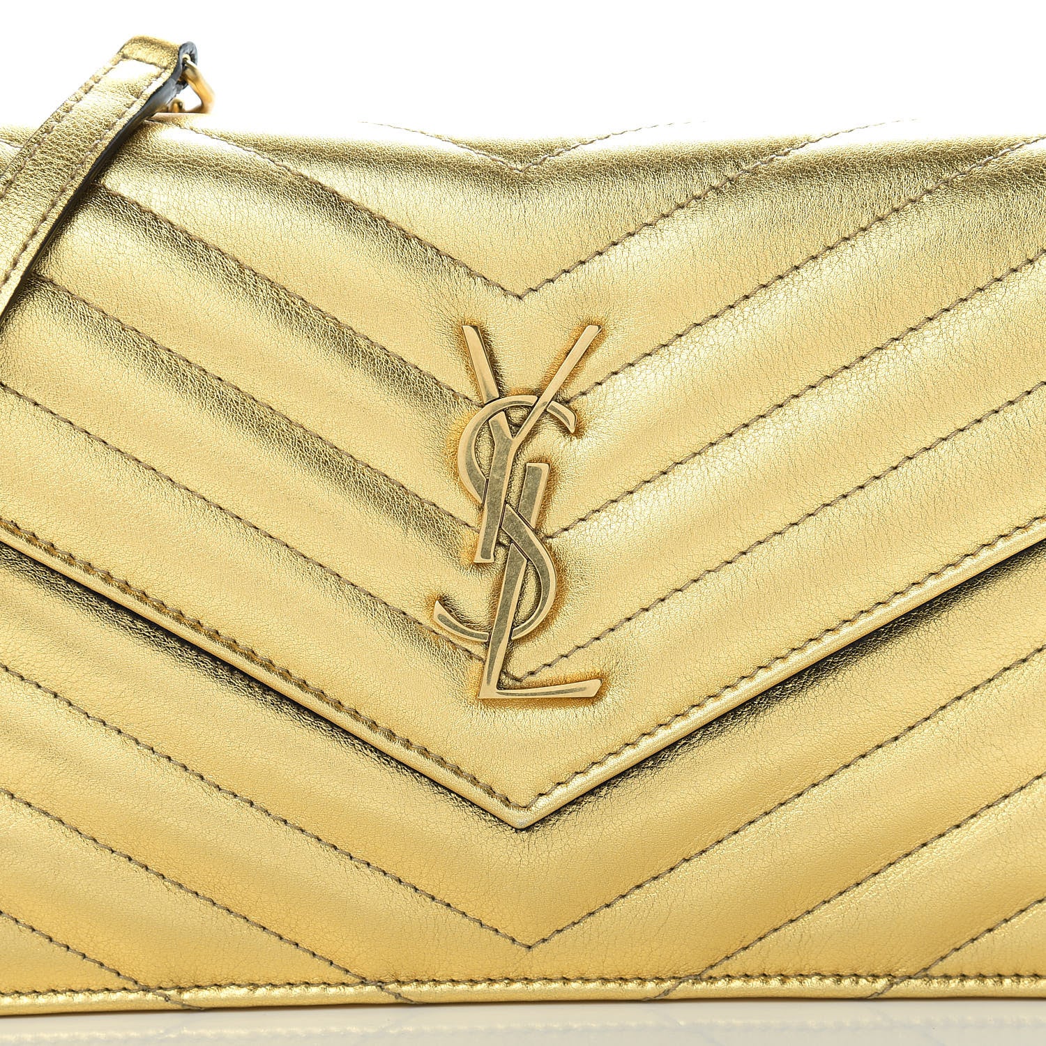 Saint Laurent Metallic Calfskin Matelasse Chevron Monogram Envelope Chain Wallet Gold 8 of 13