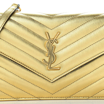 Saint Laurent Metallic Calfskin Matelasse Chevron Monogram Envelope Chain Wallet Gold 8 of 13