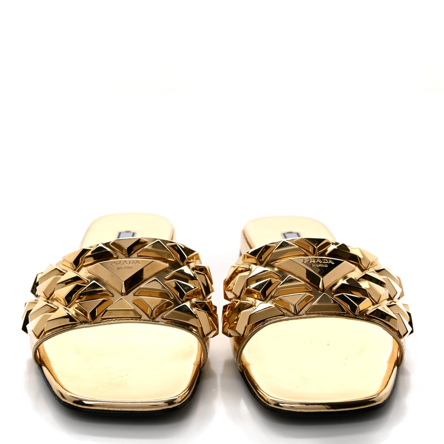 Metallic Calfskin Metal Studded Triangle Logo 10mm Slide Sandals 38.5 Platino